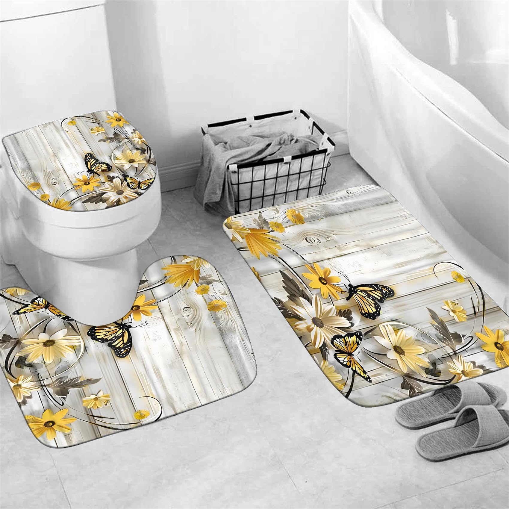 Juego de cortina de ducha con diseño floral de margaritas amarillas, diseño de campo de mariposa para decoración de baño, juego con alfombras, tapa de inodoro y alfombrilla de baño 3