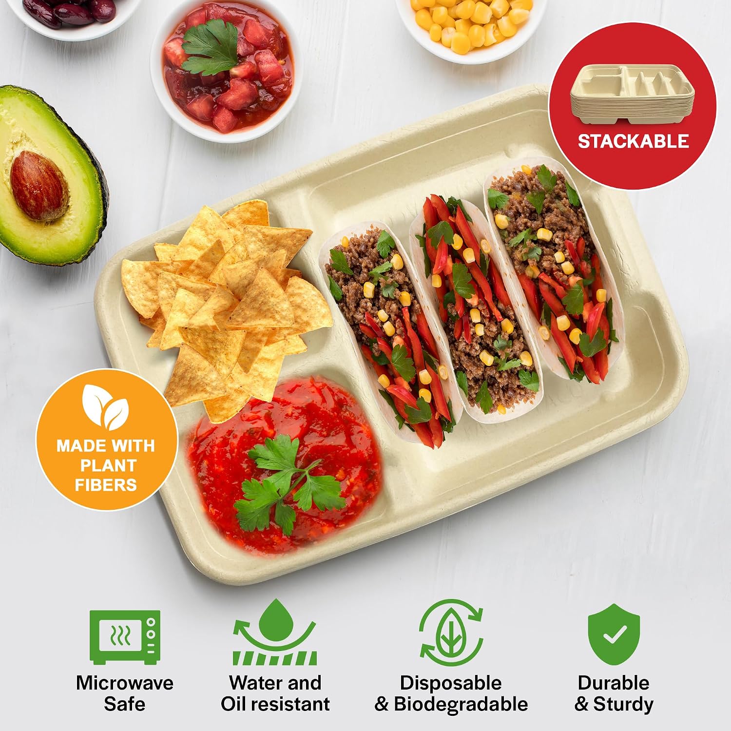 3-Taco & 2-Sides Taco Plates, Disposable Paper Plates with Dividers – 25 PACK | Taco Tray for Party, Fiesta Taco Holder, Taco Stand for Taco Tuesday & Taco Bar, Microwave-Safe Taco Plates (25 Plates)