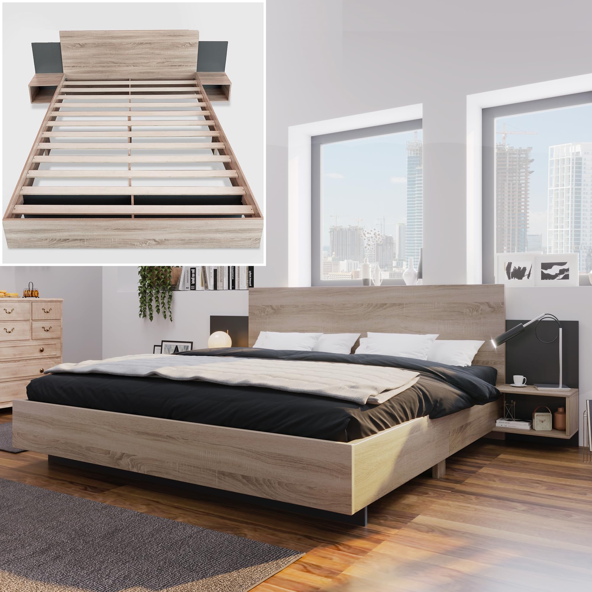 Lit double en bois 160 x 200 cm avec 2 tables de nuit, lit moderne avec 2 tables de chevet, kit complet pour chambre à coucher, chêne Sonoma/gris foncé, 205,5 x 235 x 76,5 cm (l x p x h)