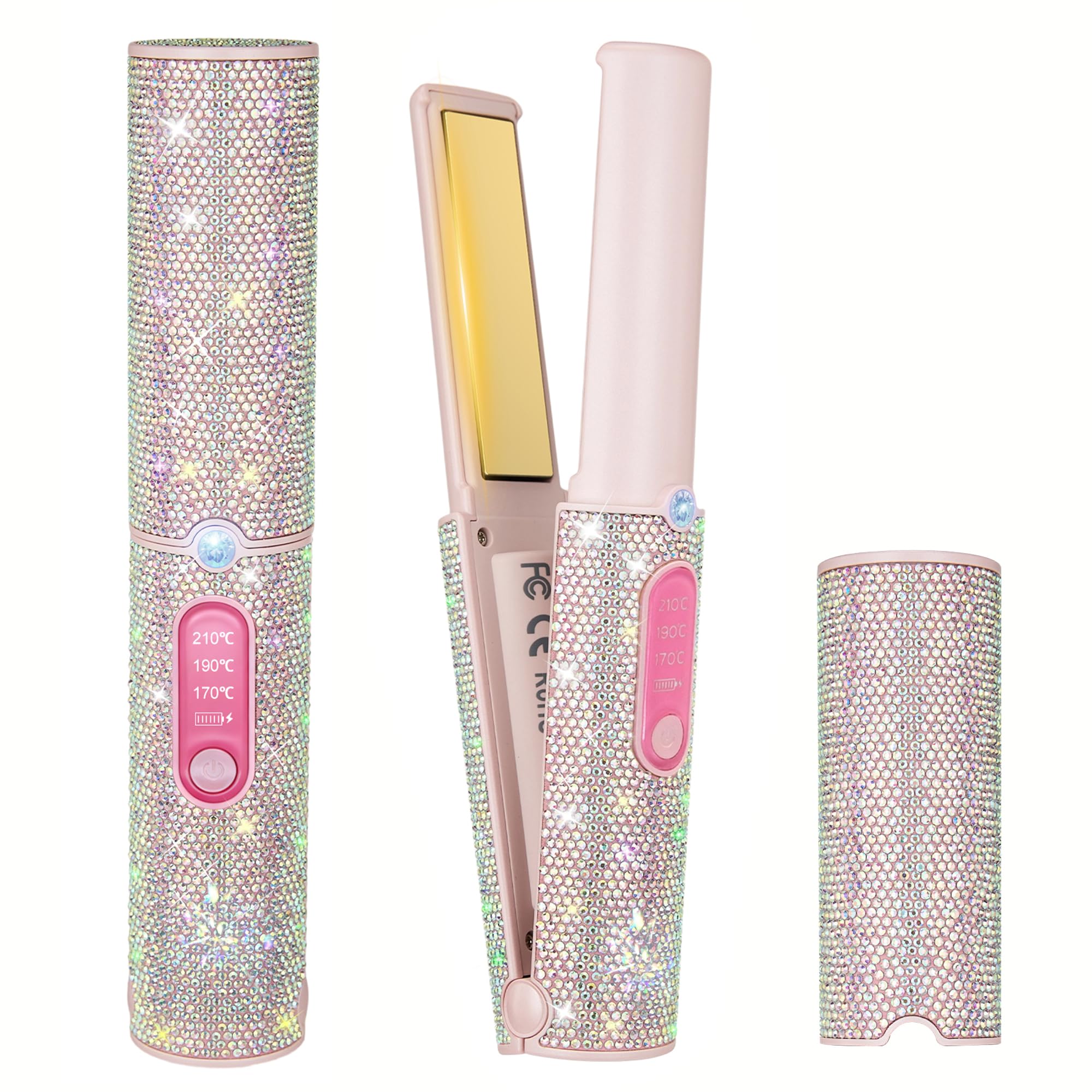 2‑in‑1 Cordless Mini Travel Flat Iron, Hair Straightener & Curler Pink Rhinestone