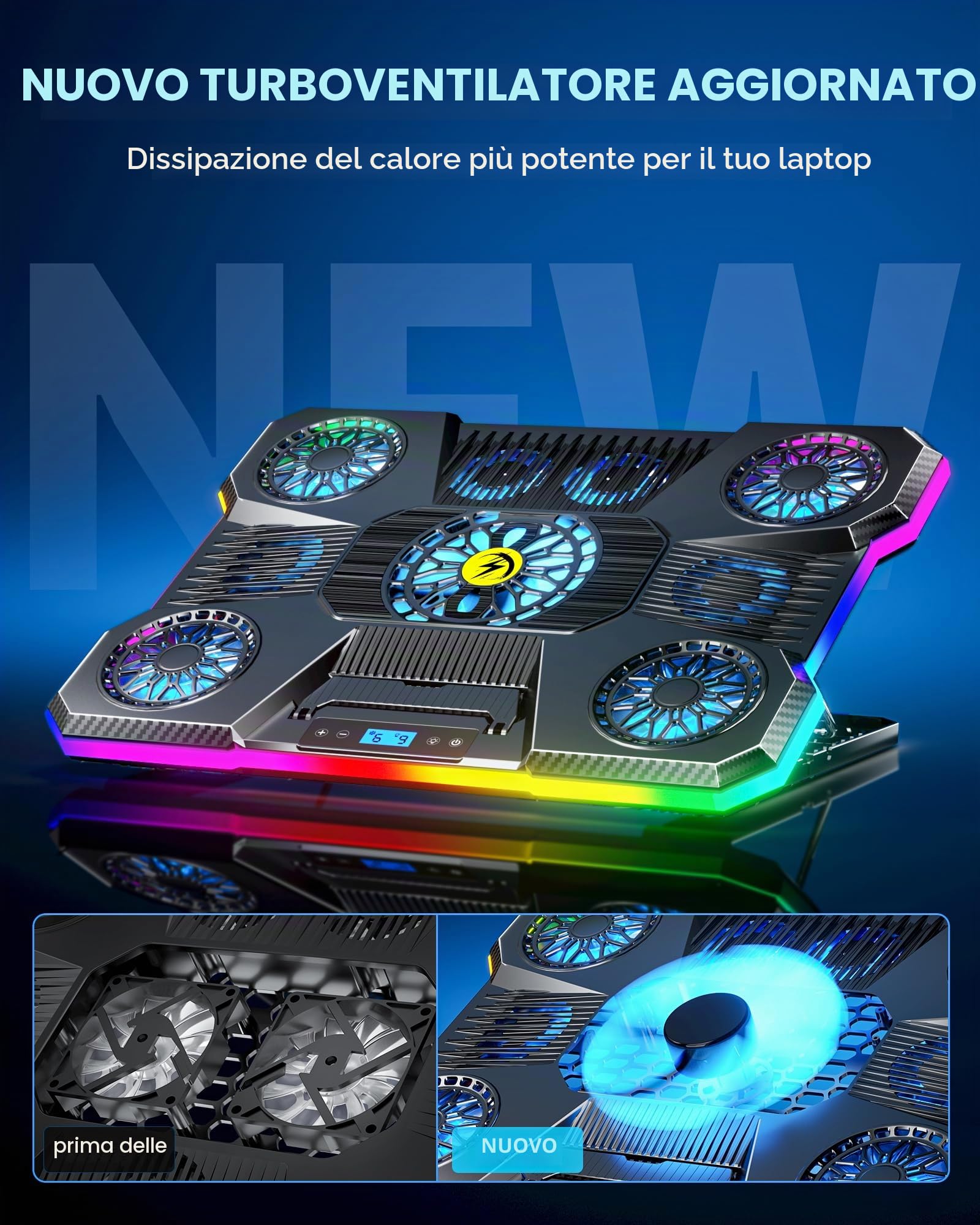 ChillCore Tappetino di raffreddamento per computer portatile, luci RGB, 9 ventole per laptop da 15,6-19,3 pollici, ventola di raffreddamento per laptop da gioco, con 8 supporti di altezza, 2 porte