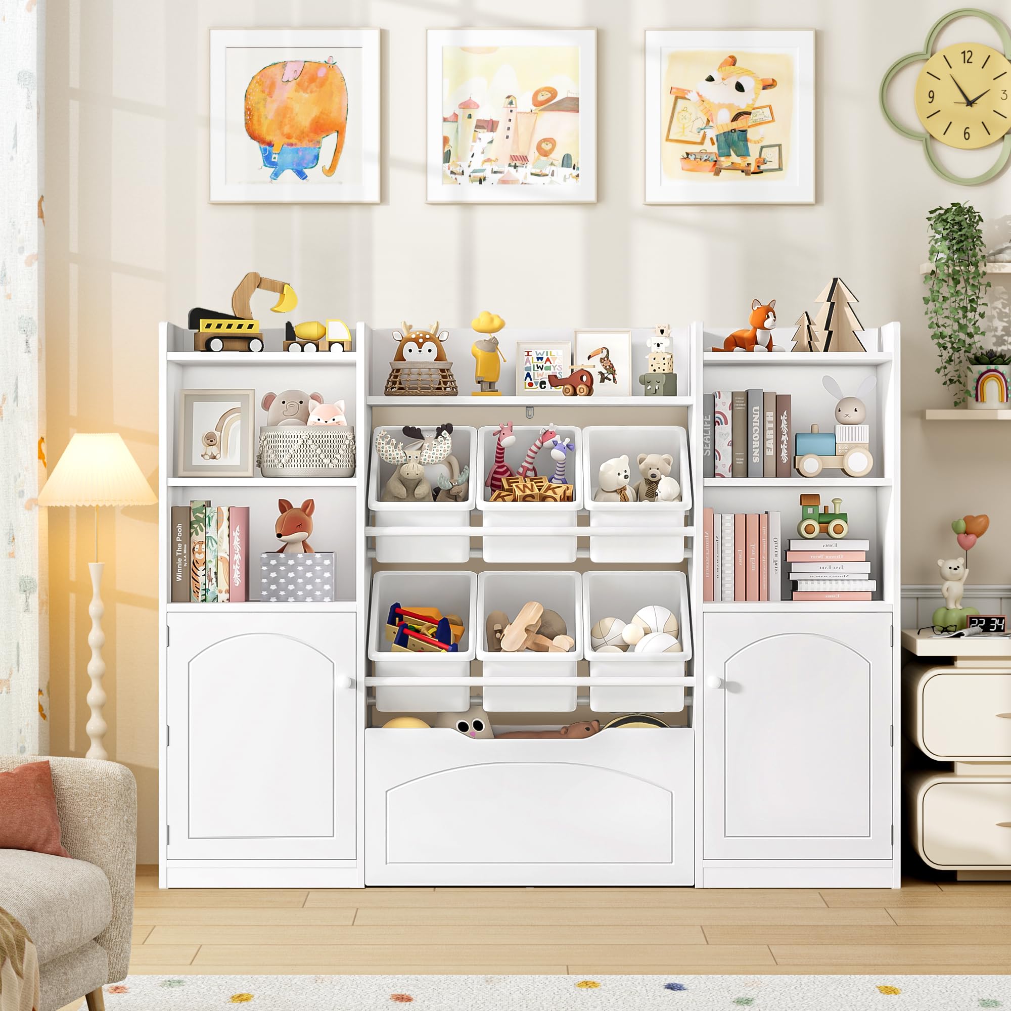 FINETONES 55” Toy Storage Organizer with Removable Bins, 5-in-1 Kids Bookshelf with Movable Chests and Book Shelves Behind The Doors, Toy Organizer Playroom with 6 Toy Bins and 8 Storage Cubes, White