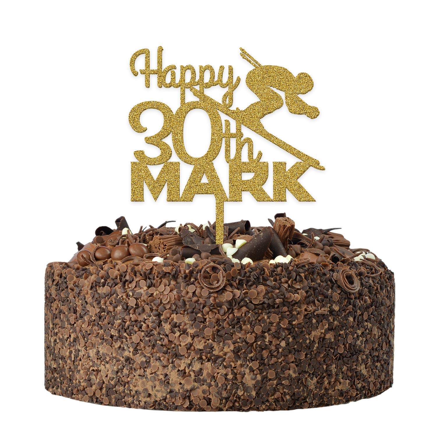 Skiing Happy Birthday Cake Topper - PERSONALISED ANY Age ANY Name Ski Birthday Cake Toppers - Winter Sports Cake Decoration - Glitter Gold Silver Black Wooden Skiier Cake Topper