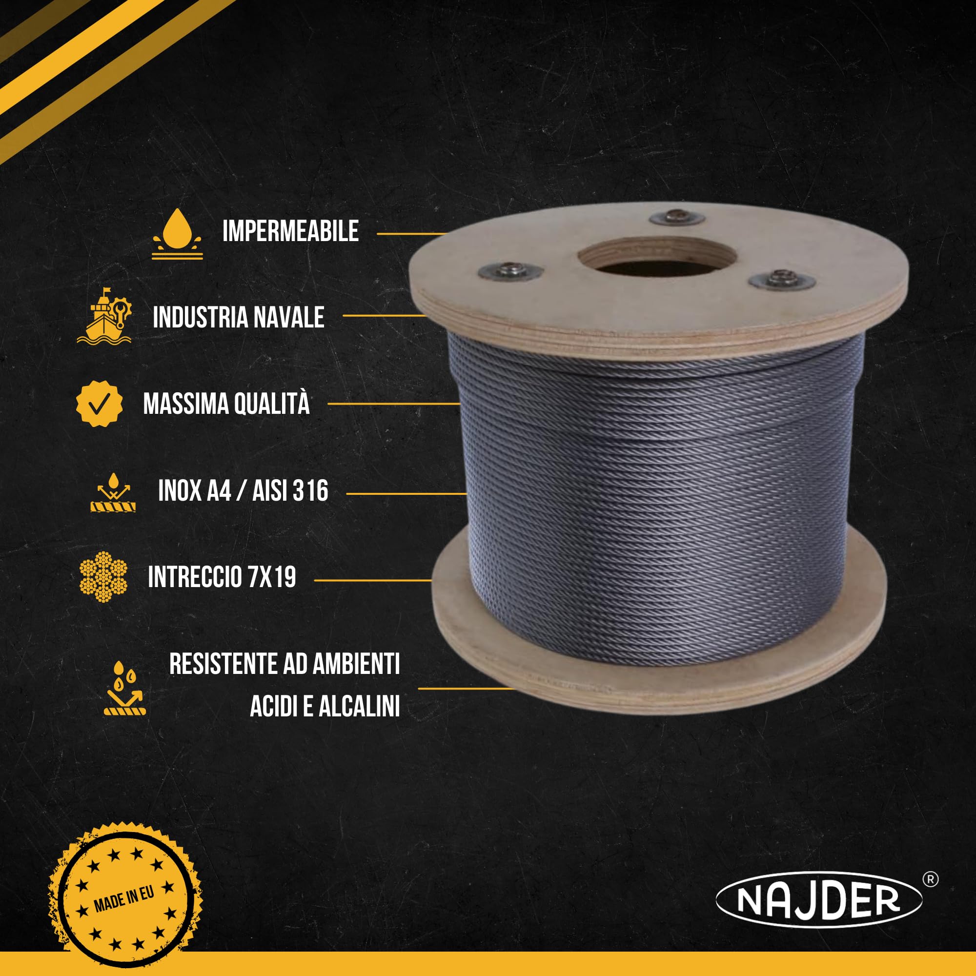 NAJDER Cavo in acciaio inox 8 mm, cavo inox, corde, fune metallica, lunghezza: 50 m, fune metallica in acciaio inox 7x19, resistenza alla trazione: 1570 MPa Costruzione, fai da te, decorazione