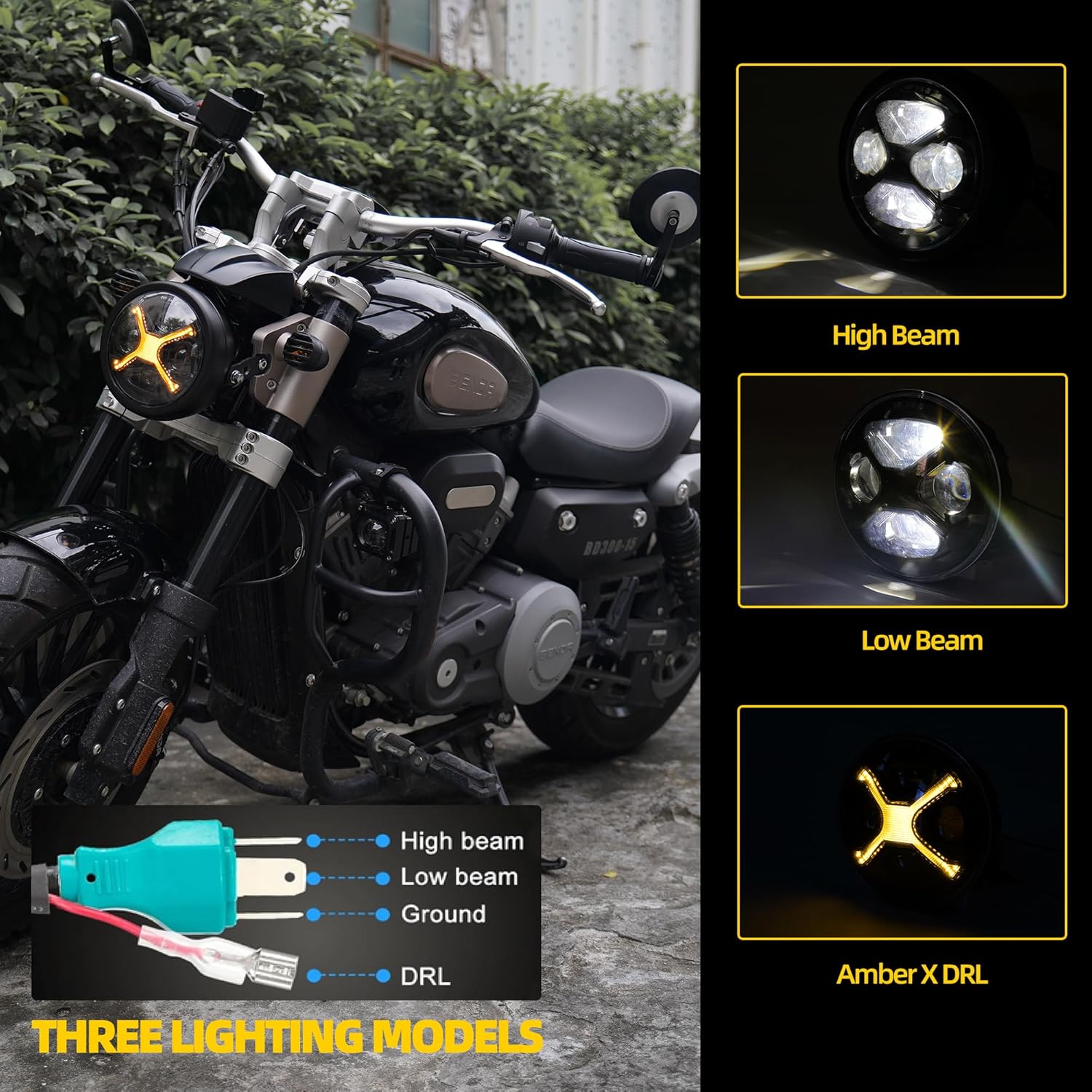 5-3/4 5.75 Inch Round LED Motorcycle Headlight with Amber Light X DRL Hi/Low Beam for Dyna Street Bob Super Wide Glide Low Rider Night Rod Train Softail Deuce Custom Sportster Iron 883