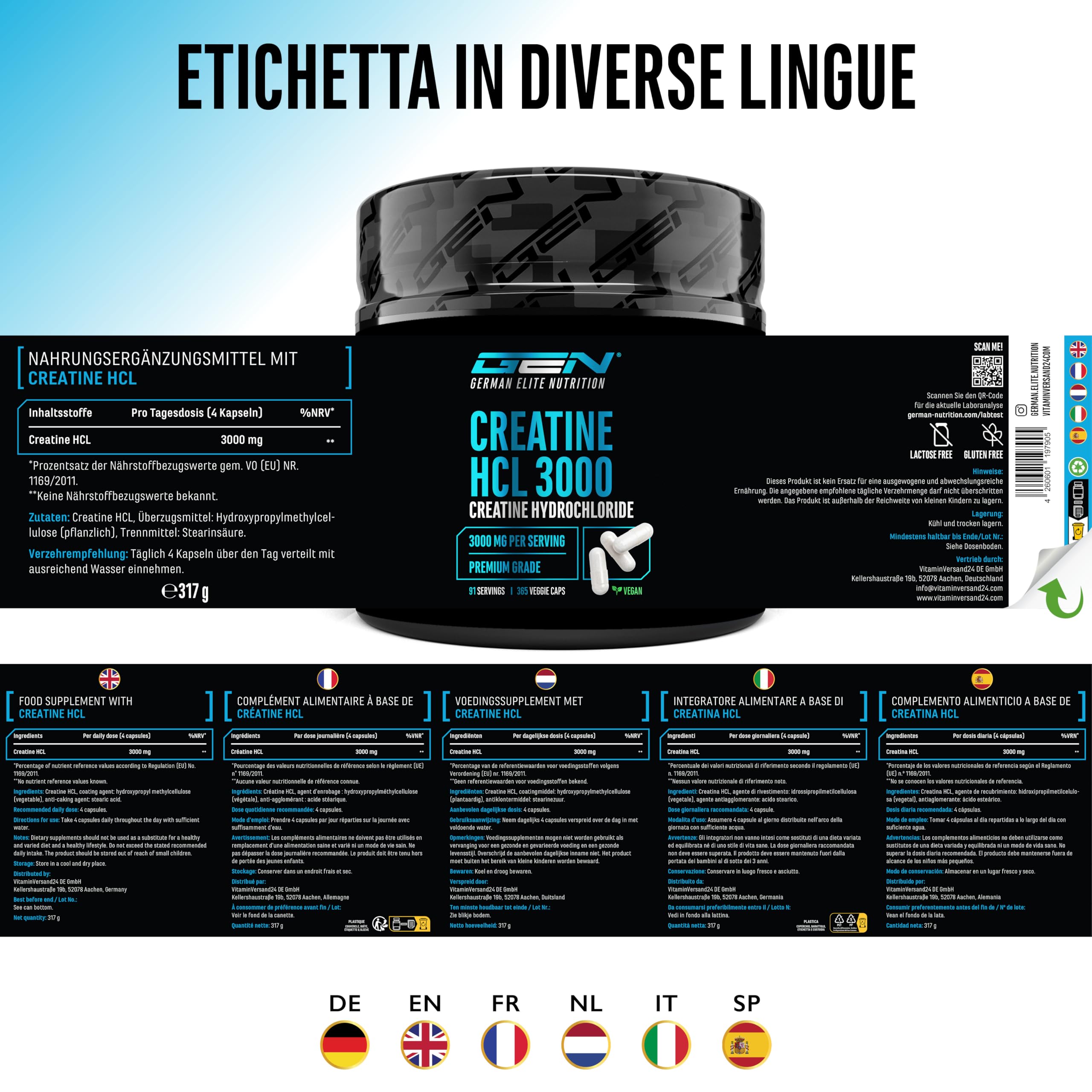 Creatine HCL - 365 capsule - Ad alto dosaggio con 3000 mg di cloridrato di creatina per dose giornaliera - Massimo assorbimento & biodisponibilità - 100% vegano