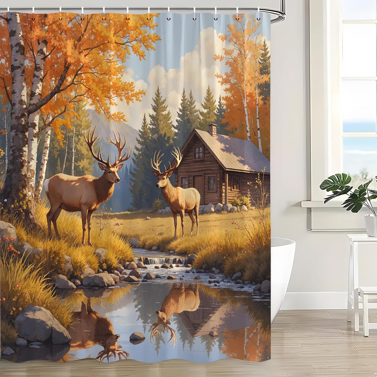 Fall Deer Forest Shower Curtain Rustic Farmhouse Western Country Wildlife Animal Whitetail Elk Moose River Cabin Autumn Hunting Nature Landscape Scenery Bathroom Curtains with Hook,70x83.8 Inch