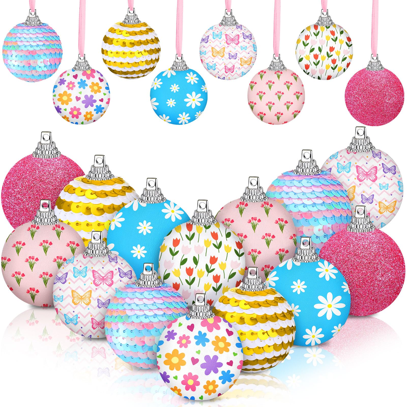 Zeyune 16 Pcs Spring Ornaments for Small Tree 1.97'' Spring Floral Ball Tree Hanging Decorations Daisy Butterfly Tulips Ball Glitter Ornaments with Sequins for Holiday Party Favors