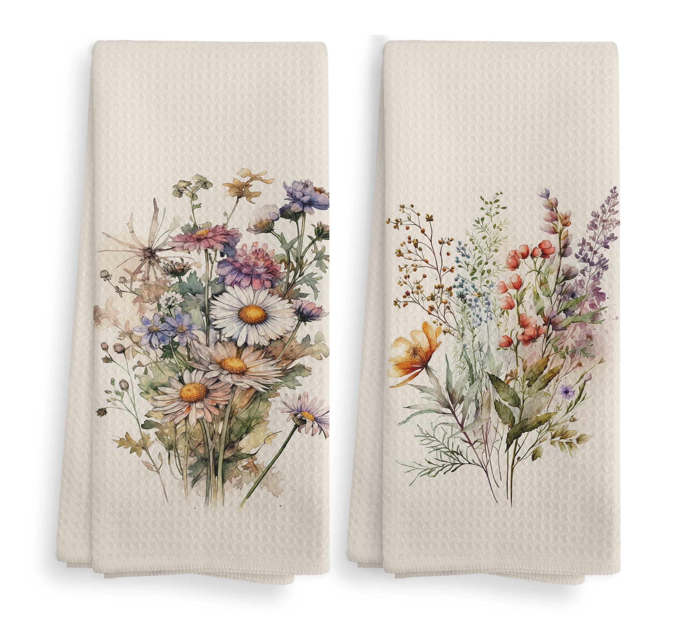 NOQL Vintage Floral Kitchen Towels and Dishcloths Set of 2, Daisy Decorative Towels, Farmhouse Wildflower Bouquet Drying Cloth Hand Towels, 1624
