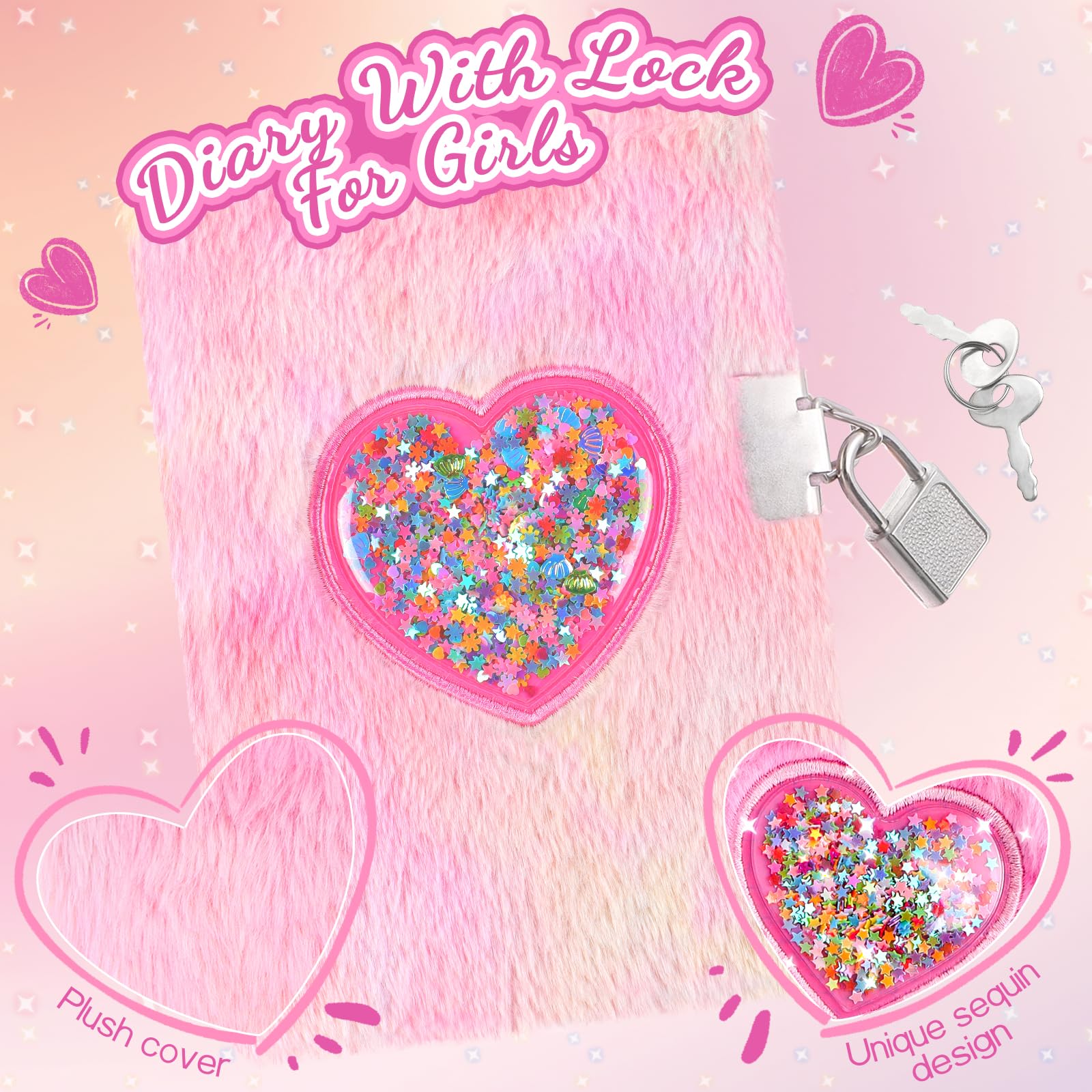 ENYILEE Heart Diary with Lock, Gift for Girls Ages 8-10, Tie-Dye Pink Journal with Pen and Stickers (Tie-dye pink) - Image 2