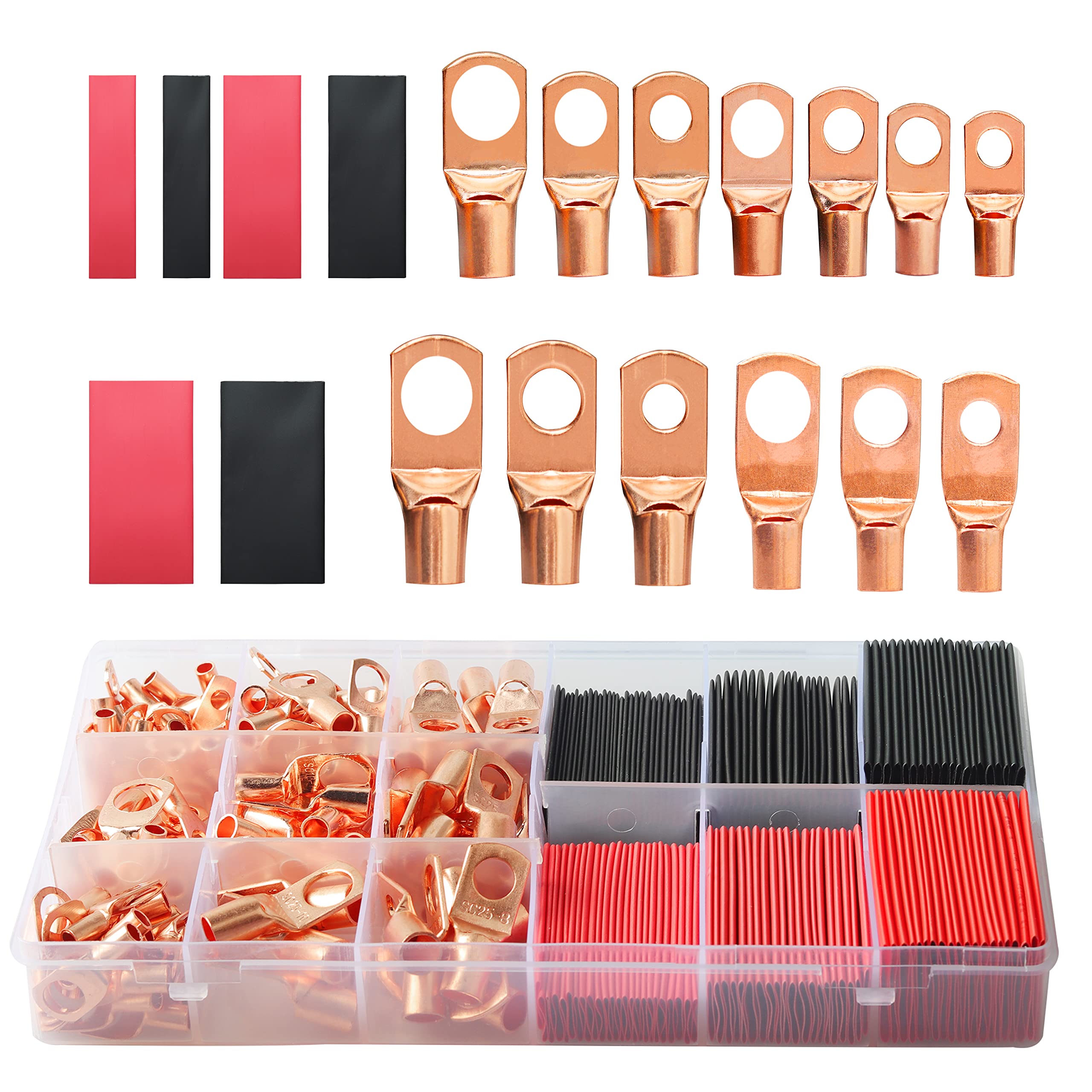 273Pcs Copper Wire Terminal Connectors, AWG 2 4 6 8 10 12 Ring Lug Kit with Heat Shrink, IBosins 133pcs Battery Cable Lugs with 140pcs Heat Shrink Tubing