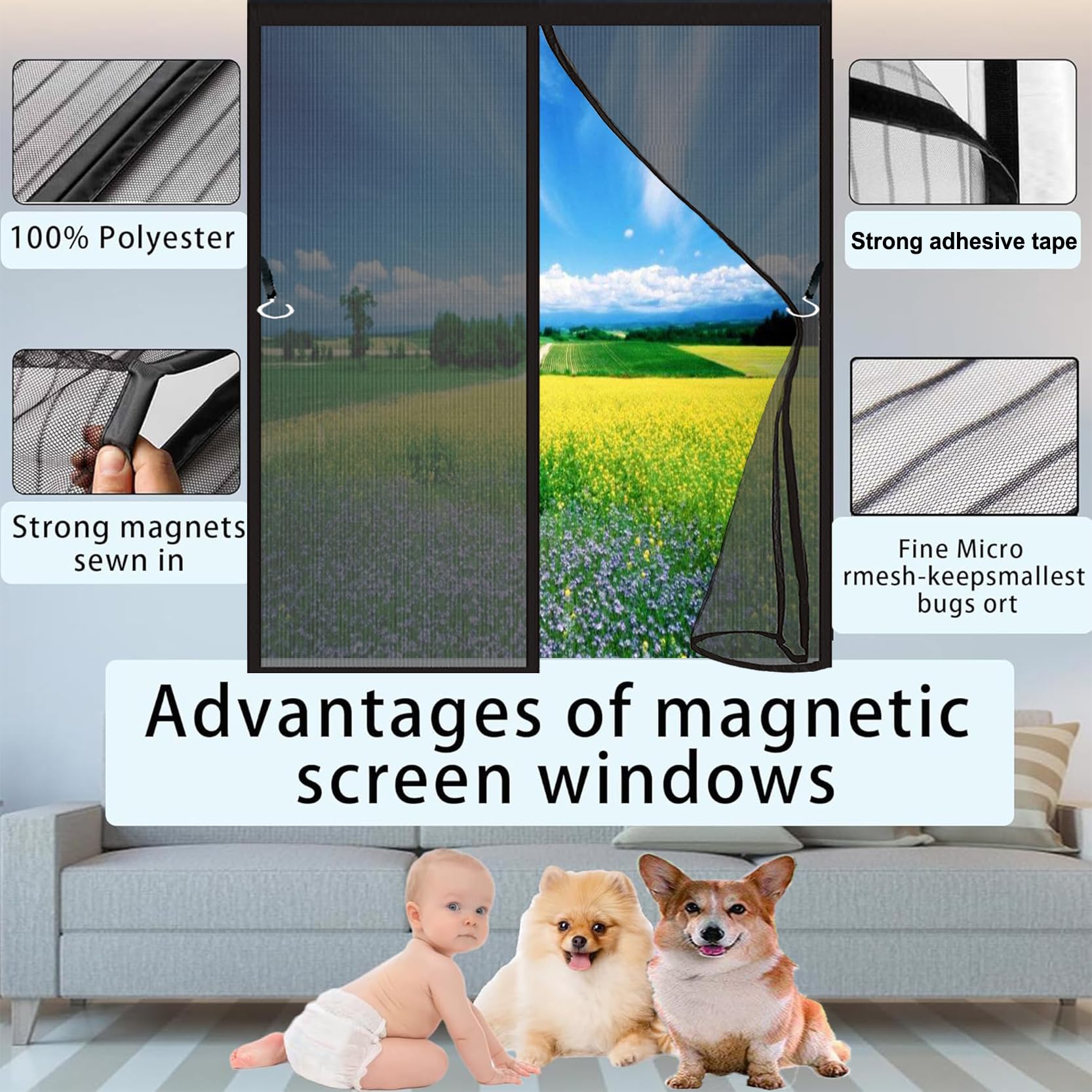 Fliegengitter Fenster ohne Bohren 150 x 237 cm Insect Stop Fliegengitter Fenster Magnet Langlebige mit Selbstklebendes Klettband Nicht Kürzbar, Schwarz