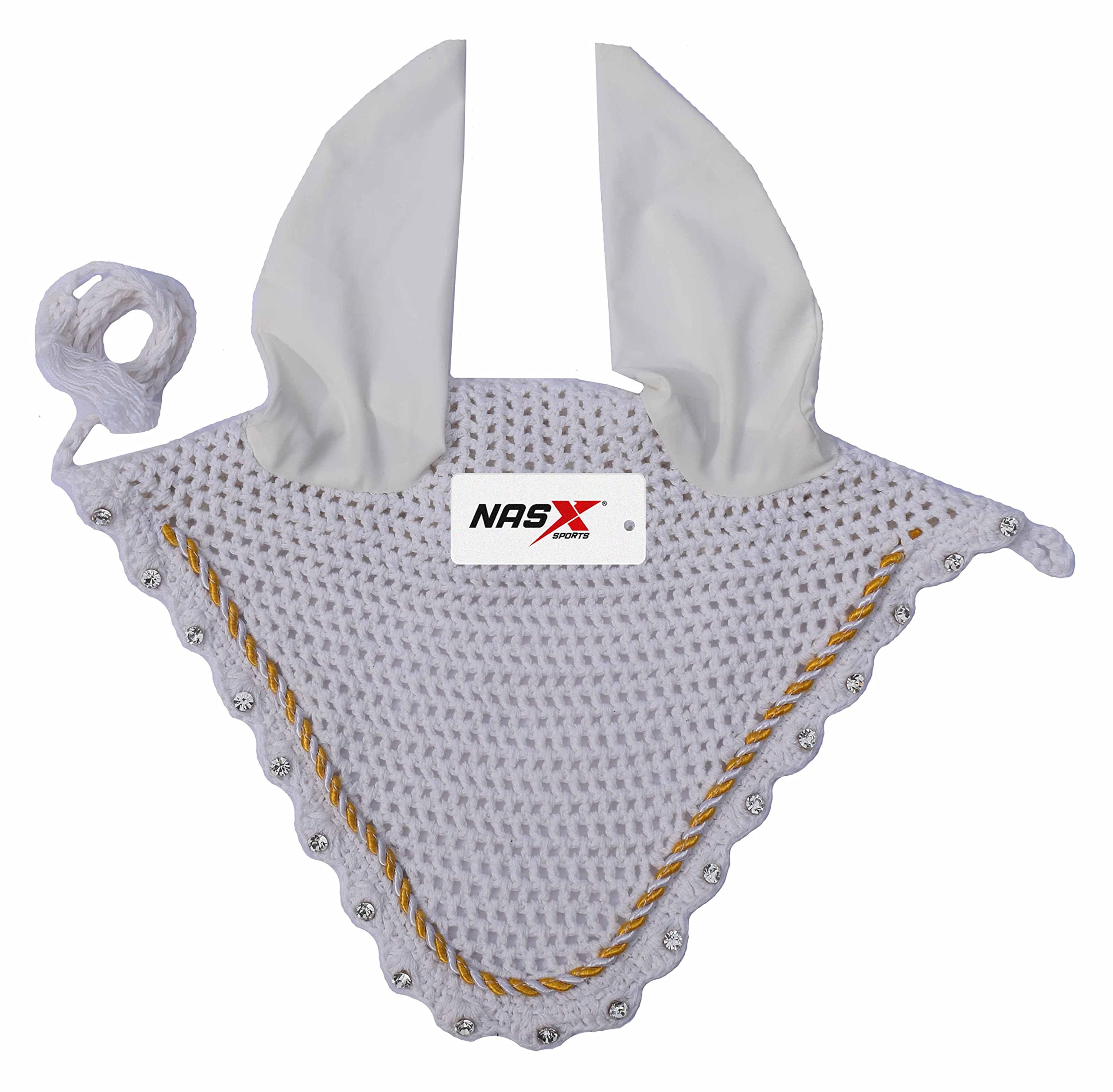 Diamante Crystal Horse Fly Hood Veil Ear Bonnet Flyveil Cotton Crochet Handmade Glitter (FULL, White)