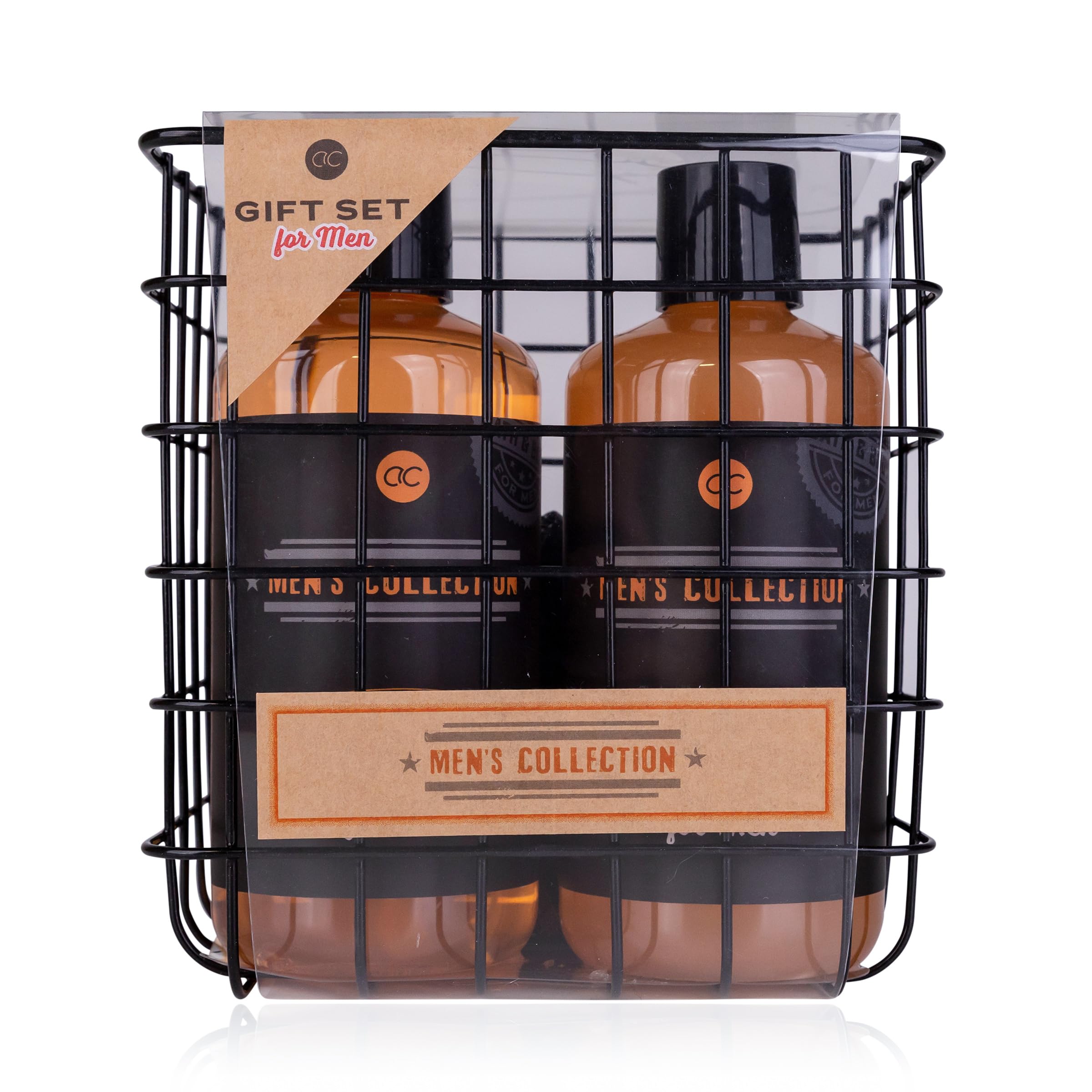 Accentra MEN'S COLLECTION zestaw upominkowy dla mężczyzn, w zestawie 300 ml żel pod prysznic, 300 ml szamponu, 15 g gąbki siatkowej, szczotka do paznokci, zapach: brzoza i cedr - brązowy