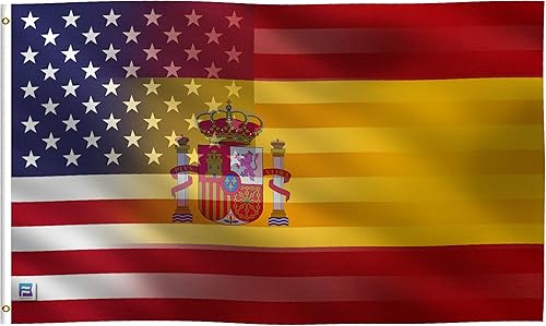 Bandera híbrida española americana de 3 x 5 pies pancarta 100% poliéster, ojales de latón y cabecera de lona fuerte, para uso en exteriores o