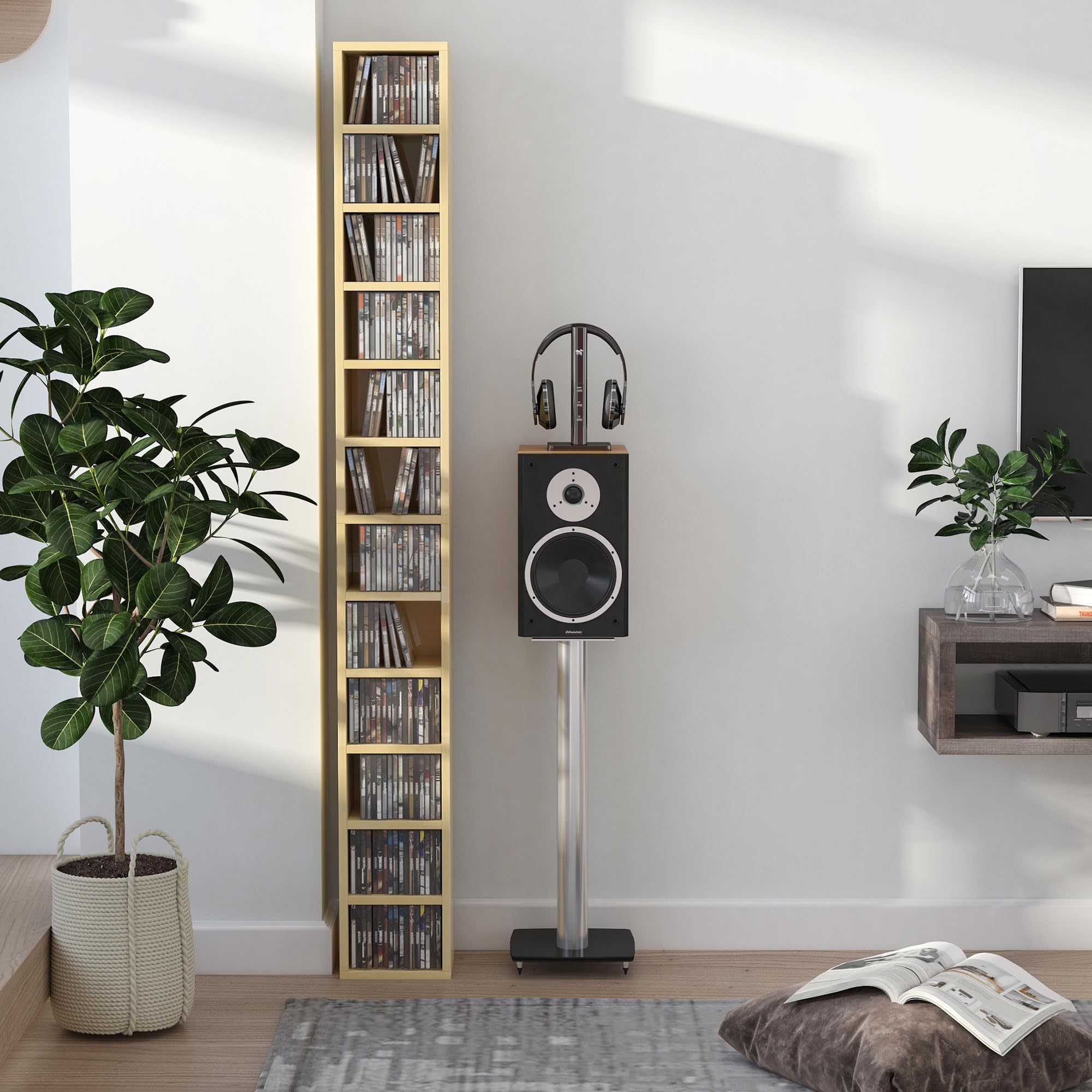 HOMCOM Rangements pour CD et DVD, étagère Colonne de Rangement, Meuble de Rangement avec 12 Compartiments, capacité Max. 204 CD, 21 x 20 x 175 cm, Bois Naturel