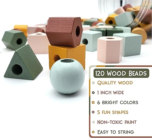 Miniatura 3 de LMC Products Cuentas y cuerdas de madera con cordones, 125 piezas, juguetes de habilidades motoras finas para niños de 3 años, juguetes de