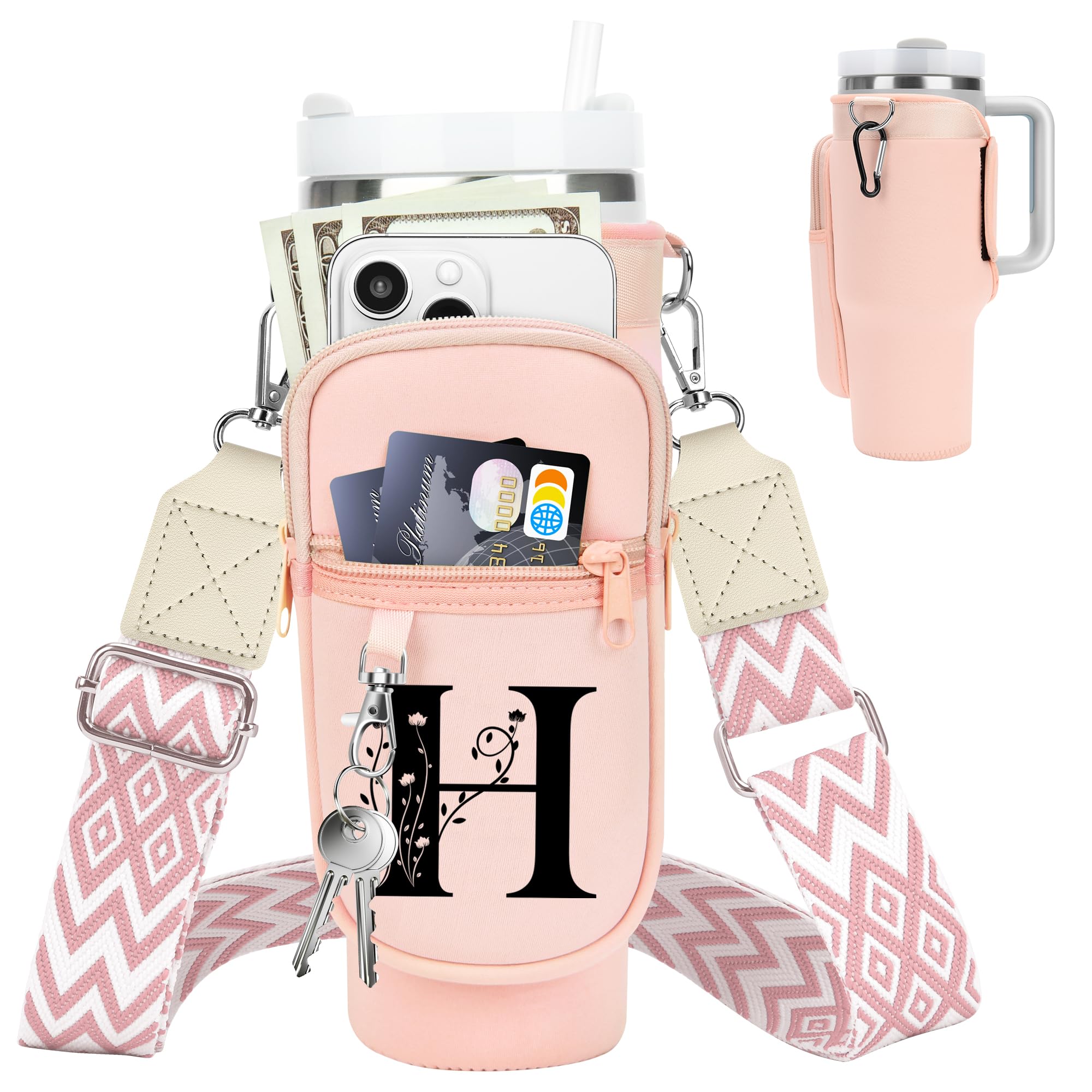 Initial Water Bottle Holder with Strap for Stanley Cup 40 oz Tumbler