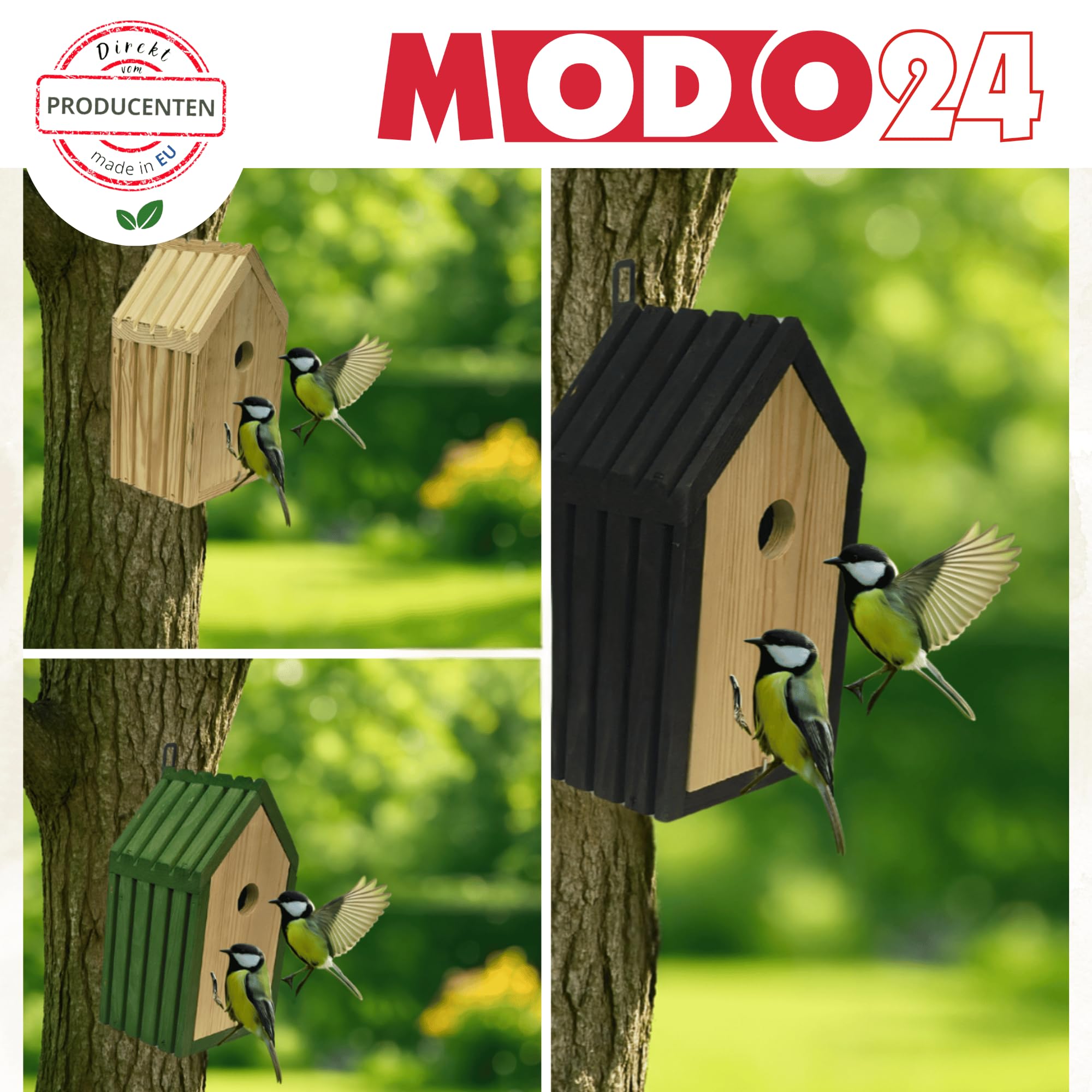 Meisen Nistkasten aus FSC® Holz mit 2,8 cm Einflugloch und mit Heu, Vogelhaus Blaumeisen & Kleinvögel, Brutkasten mit Reinigungsklappe, Futterhaken für Garten, Balkon, 26×15×12 cm, Schwarz