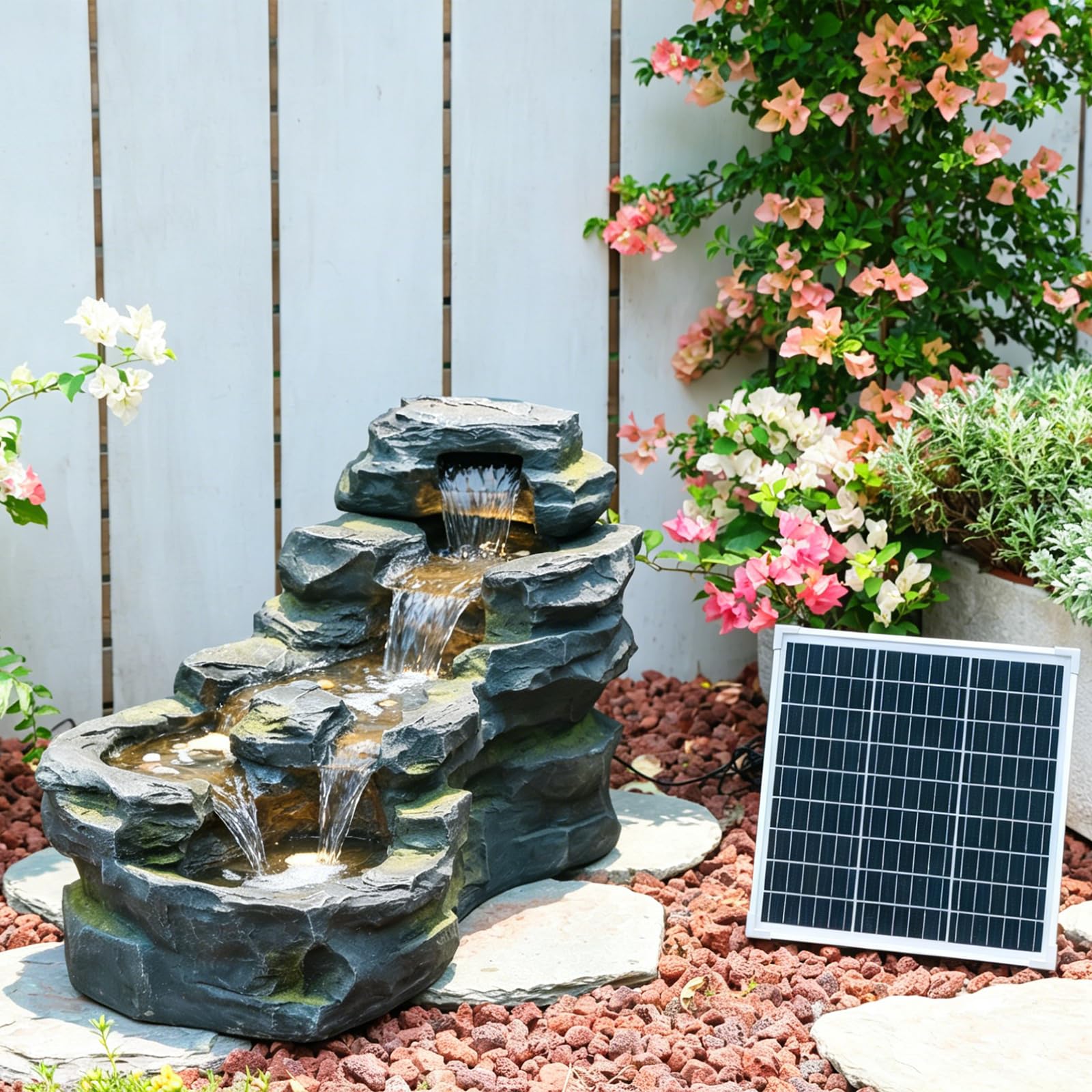 Bumilgar Solarbrunnen mit LED-Beleuchtung, 5-stufiger Etagenbrunnen aufstellbar, Naturstein-Optik Wasserfall-Brunnen für Terrasse, Balkon | Garten-Dekoration & Wohnaccessoire | 94 x 49 x 53 cm