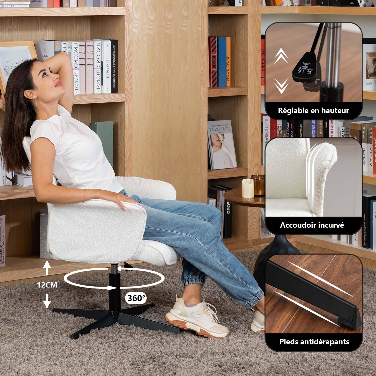MEUBLE Cosy Sillones de salón Butaca nórdica Sillas de Maquillaje Escritorio de Giratoria Altura Ajustable con Reposabrazos para Dormitorio Oficina en Tela de Felpa Blanco