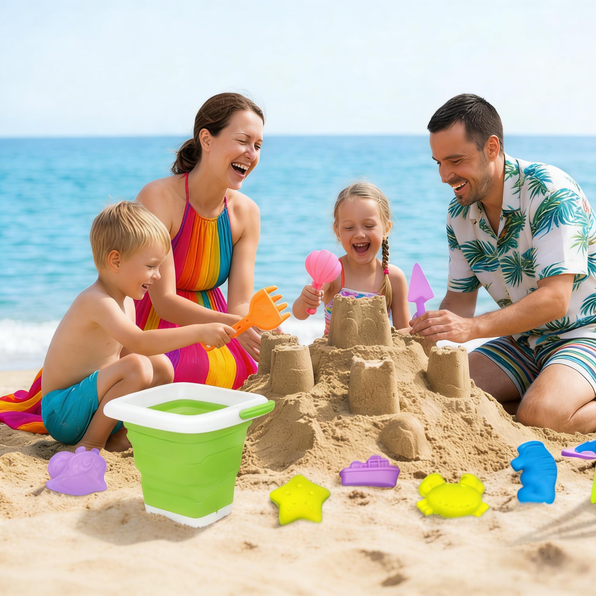 Juego de juguetes de arena 19 piezas, juguetes para la playa para niños - cubo plegable con pala de arena | Juguete de caja de arena con bolsa de malla para playa, viaje,regalo a partir de 3 (azul) — view 2