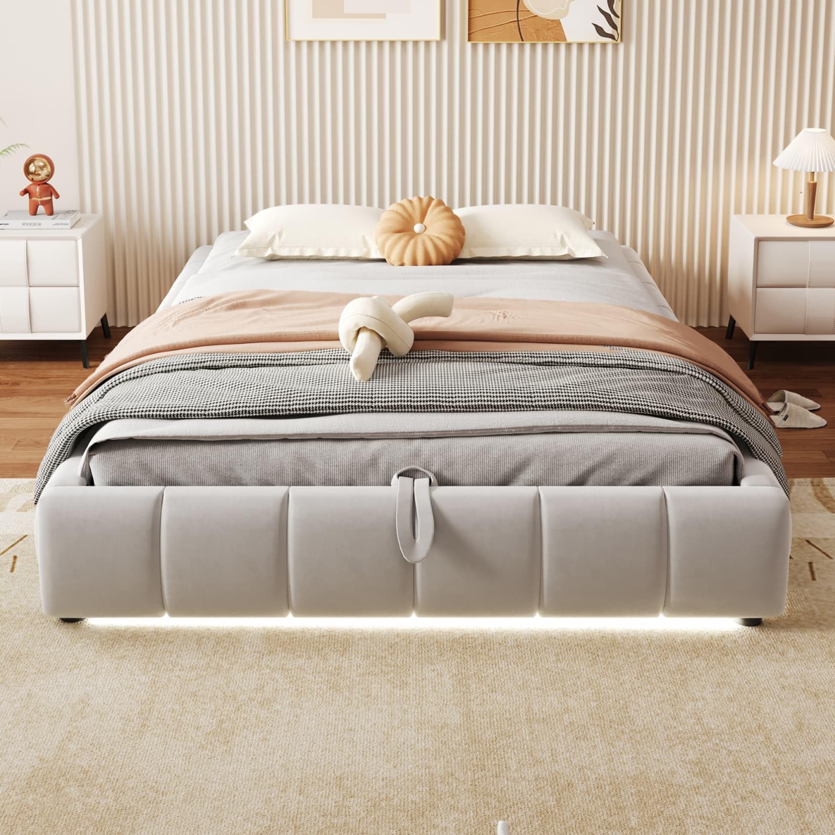 EURHCIO Lit Coffre 140x200 sans Tête de lit,Cadre de Lit 2 Personnes avec Effet Flottant,éclairage LED,Espace de Rangement Hydraulique,pour Adulte Ado,Flanelle(Beige, 140x200)