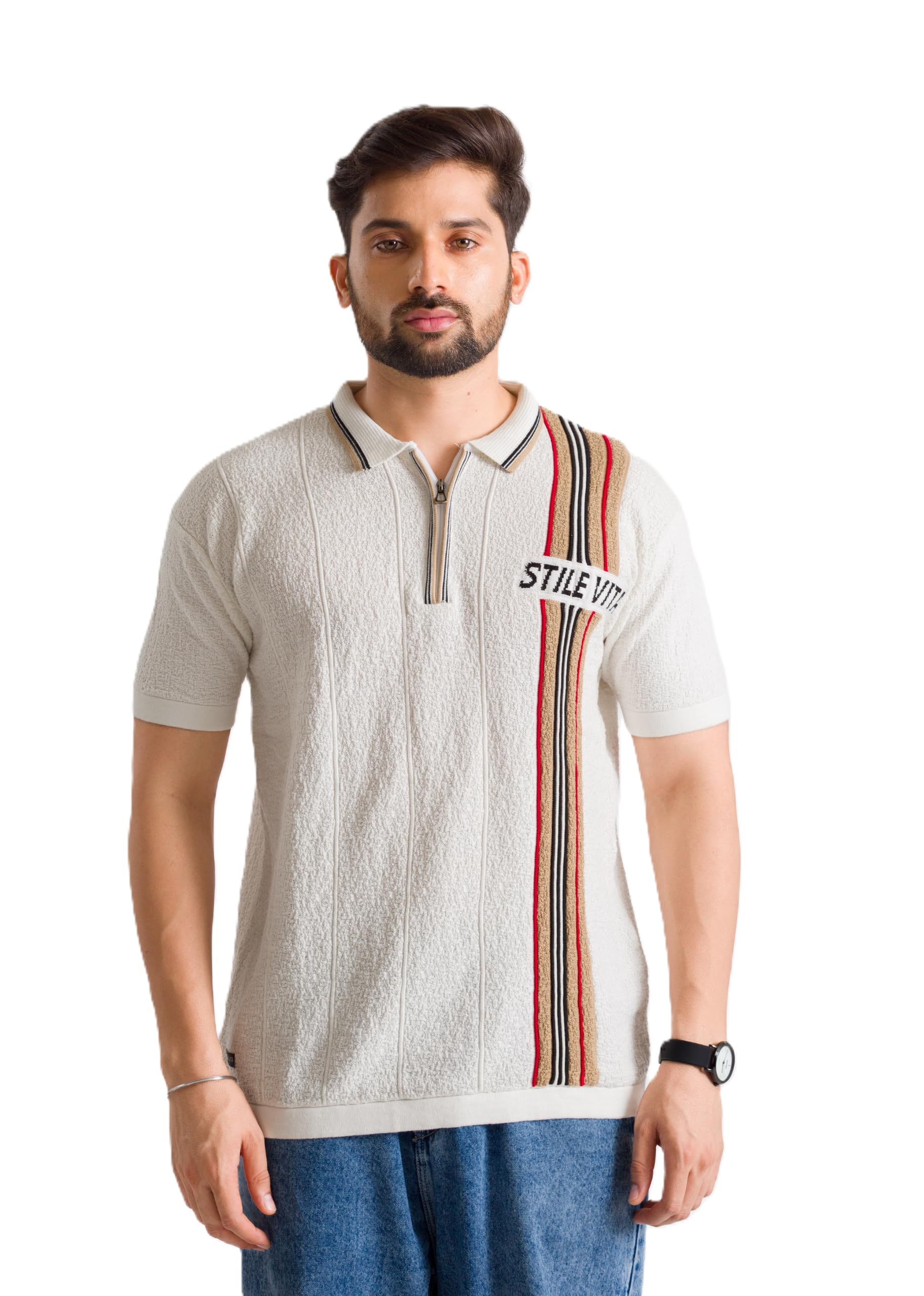 stile-vita, not just fashion a way of living Stile VITA Knitted Polo Shirt, White, Soft Yarn, Textured Fabric, Vertical Stripe Detail, Quarter Zip-picture-10