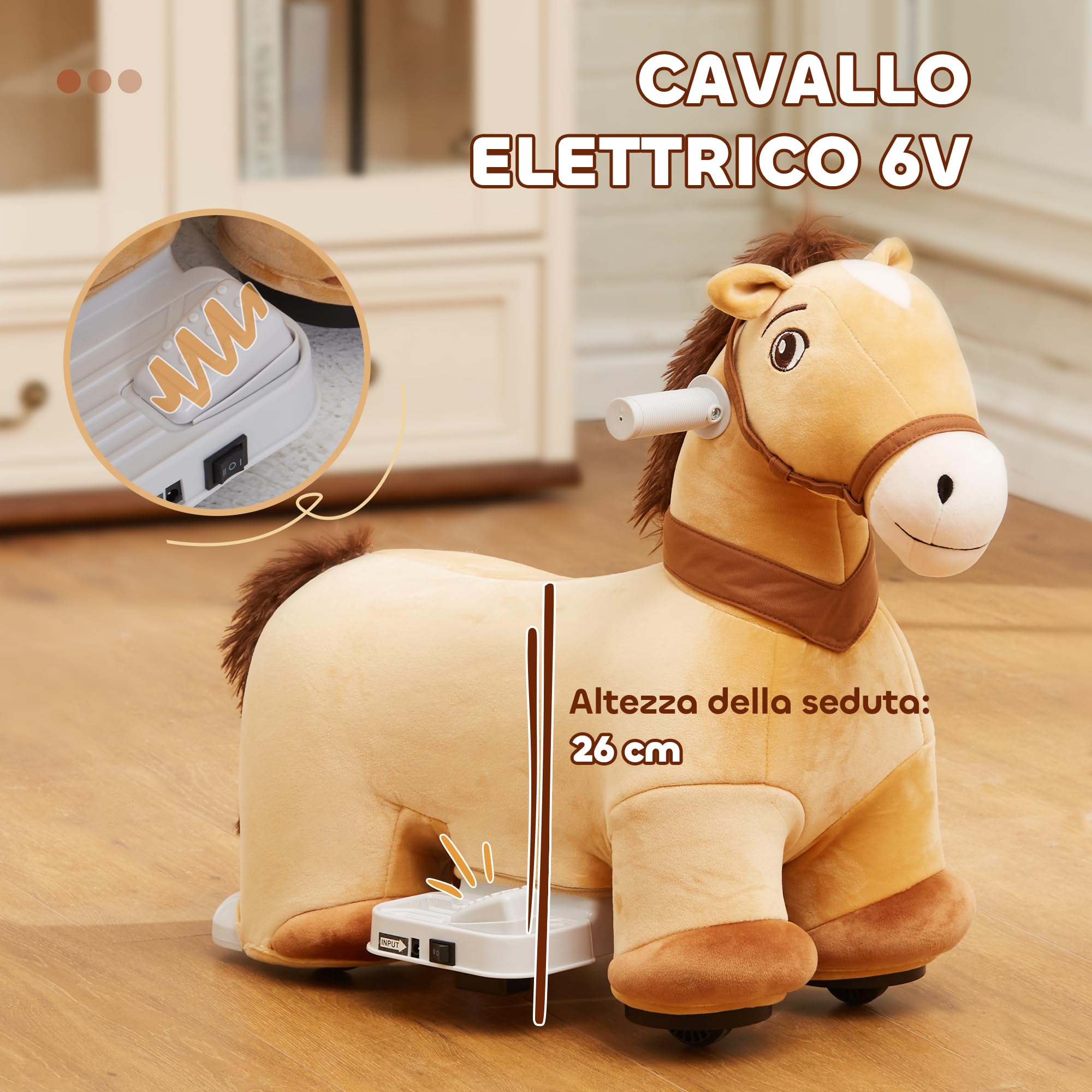 AIYAPLAY Cavallo a Dondolo Elettrico 6V per Bambini da 18-36 Mesi con Musica e Ruote, Cavalluccio a Dondolo Cavalcabile in Poliestere, 69x34x53cm, Marrone