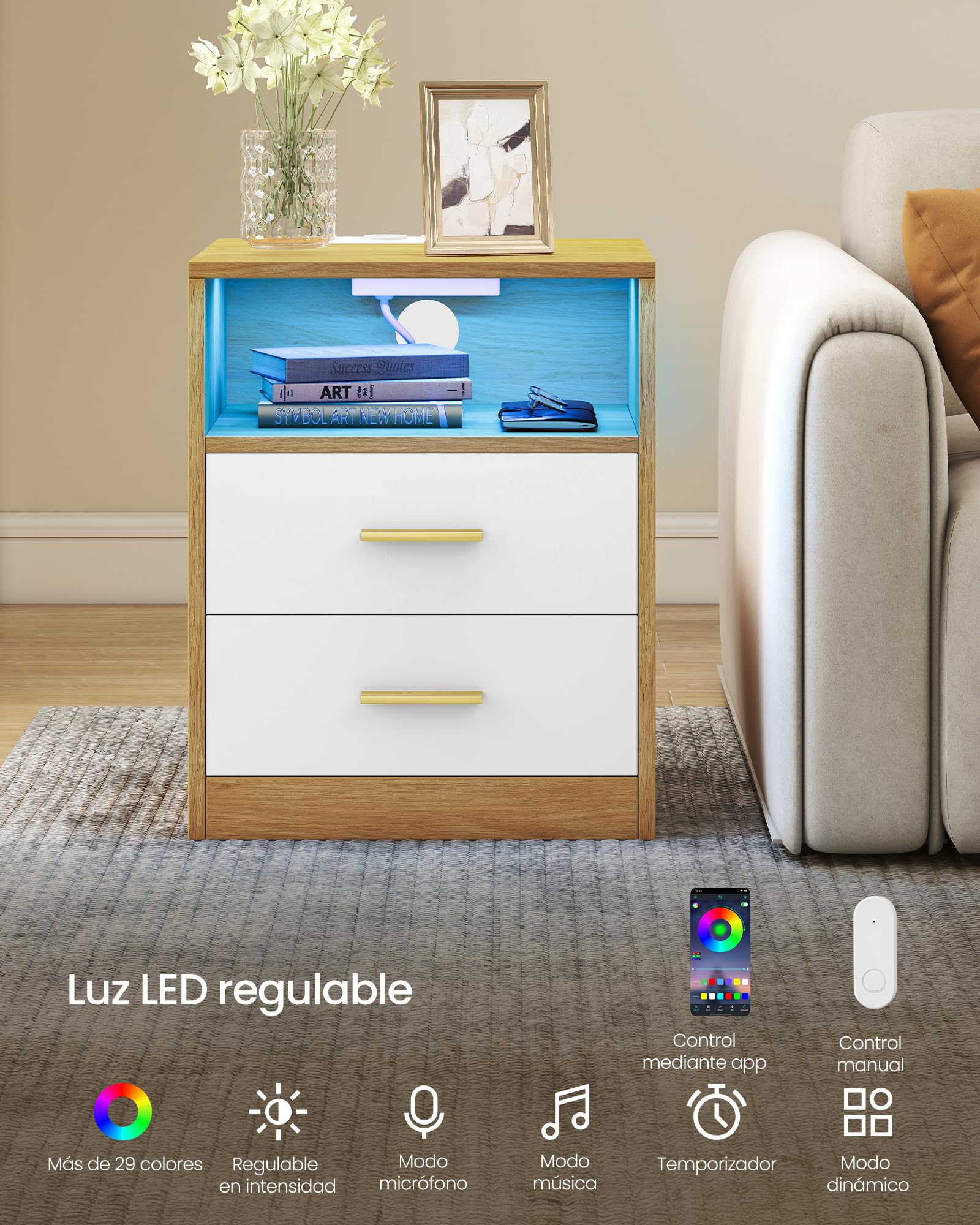 VASAGLE Custos Colección - Juego de 2, Mesita de Noche con Estación de Carga, Luz LED, Mesa Auxiliar con Cajones, Estante Abierto, 2 Tomas CA y Puertos USB, Roble Natural y Blanco Nube LET829YD02