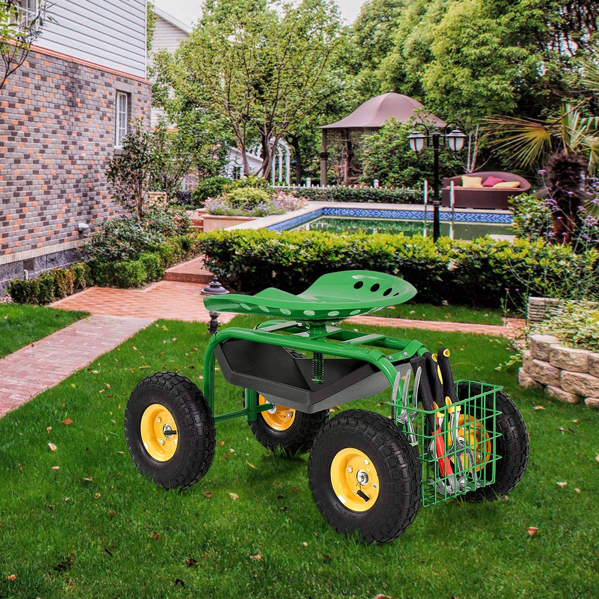 COSTWAY Sgabello da Giardino, Sgabello per Giardinaggio con Ruote, Sedile Regolabile in Altezza e Girevole a 360°, Cestello e Vassoio, Carrello per Prato e Giardino, Portata 150 kg(Verde)