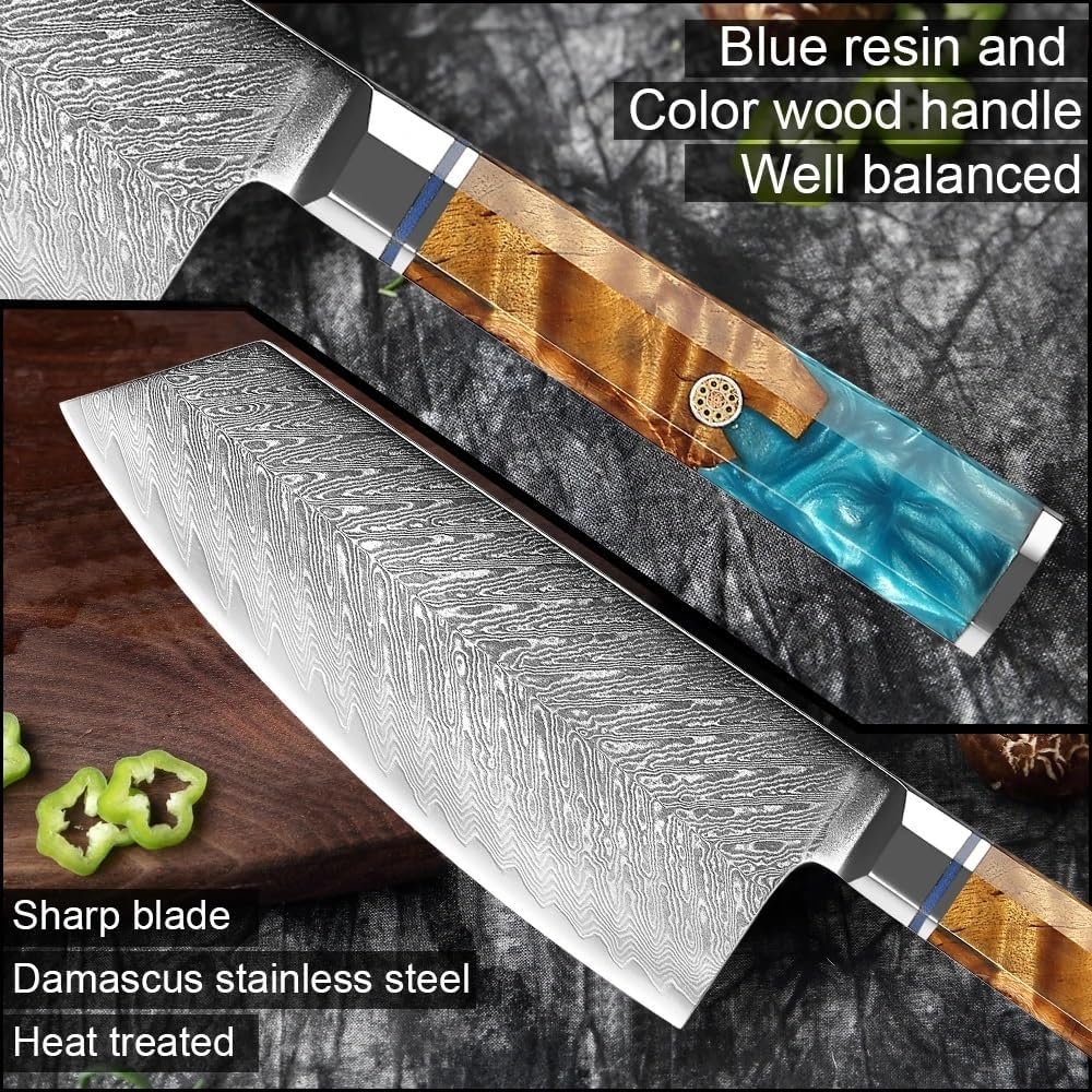Meat Cleaver, 7 Inch Damascus Steel Kitchen Knives Household Sharp Slicing Knife Meat Cutter Cleaver Ladies Specialized Knives