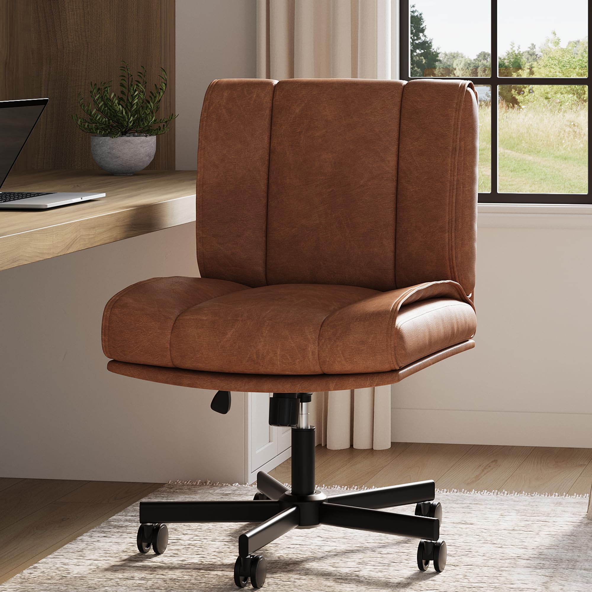Garvee Silla Giratoria De Tela Sin Brazos, con Ruedas, Diseño Moderno, Fácil De Montar y Limpiar, para Maquillaje y Oficina En Casa, Color marrón