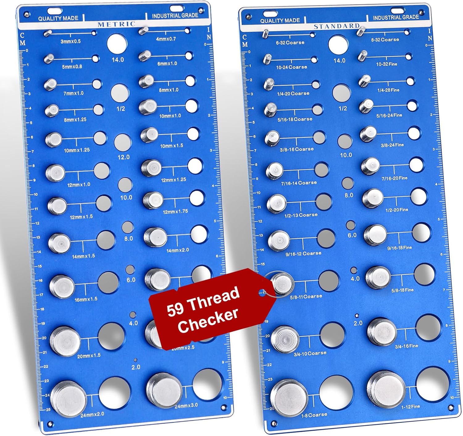 59 Nut and Bolt Thread Checker, Full Size Bolt and Nut Sizer Thread Gauge 22 Standard and 22 Metric with 15 Drill Bit Guage, Wall-Mountable Bolt Size Finder, Screw Size Chart, Bolt Measuring Tool