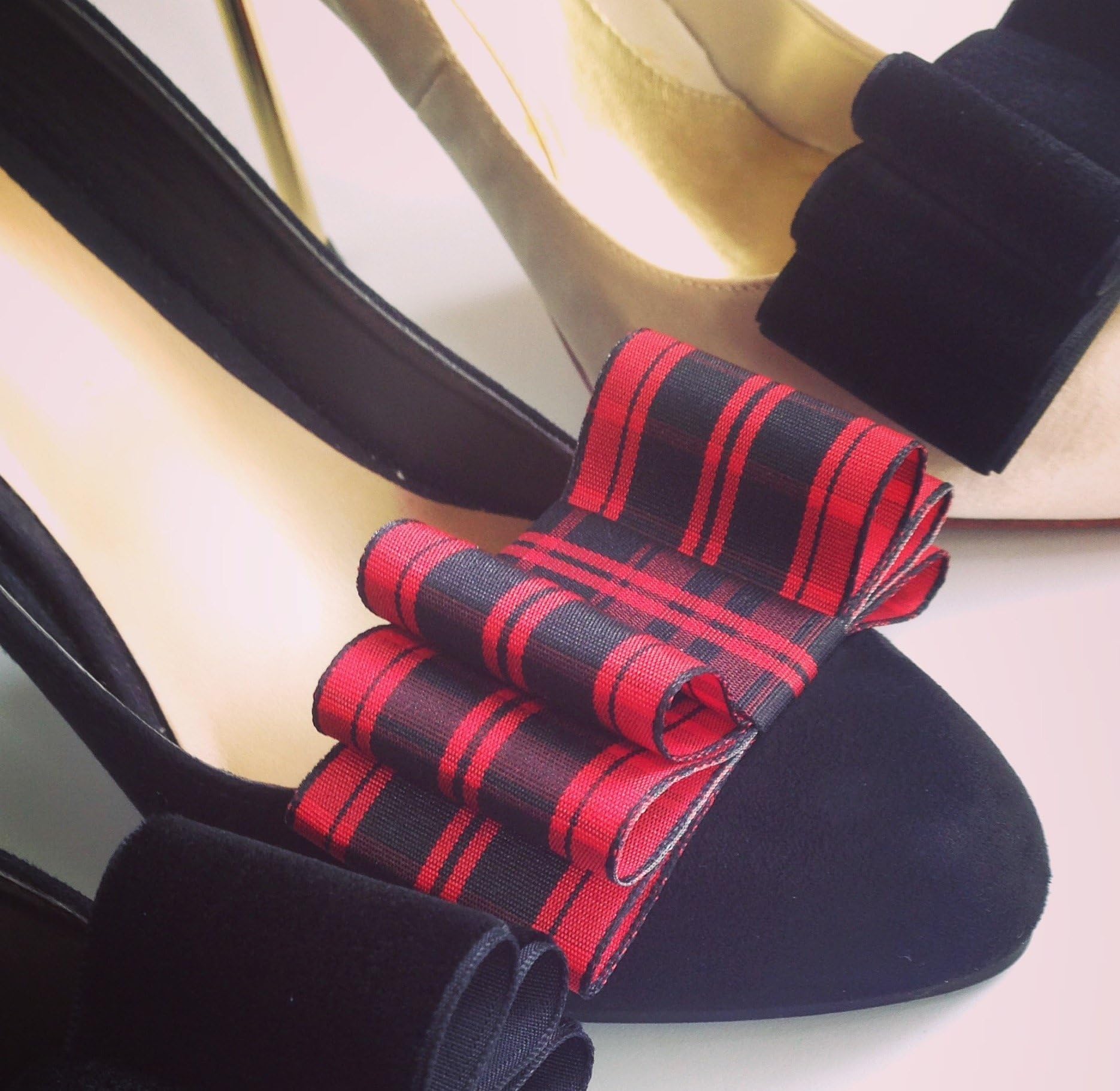 Detachable Plaid Red and Black Bow Shoe Clips Set of 2 Tartan