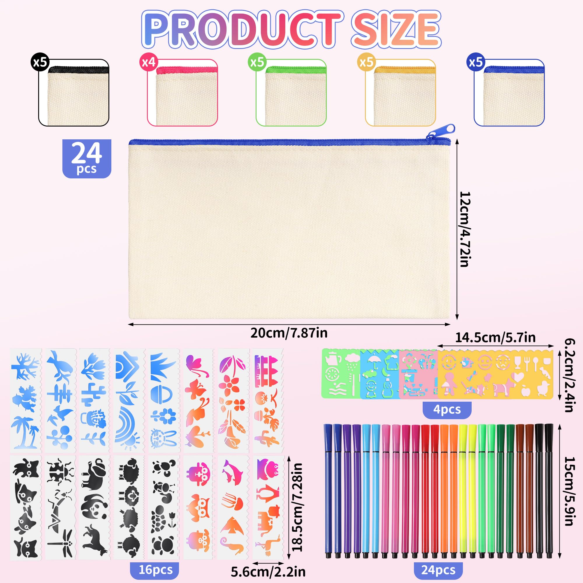 24 Unidades de lápices de Tela para Manualidades, Estuche de Lona para Pintar, 24 lápices de Colores, 20 Plantillas de Pintura DIY, Bolsa de Tela en Blanco para Bolsa de cosméticos para Pintar