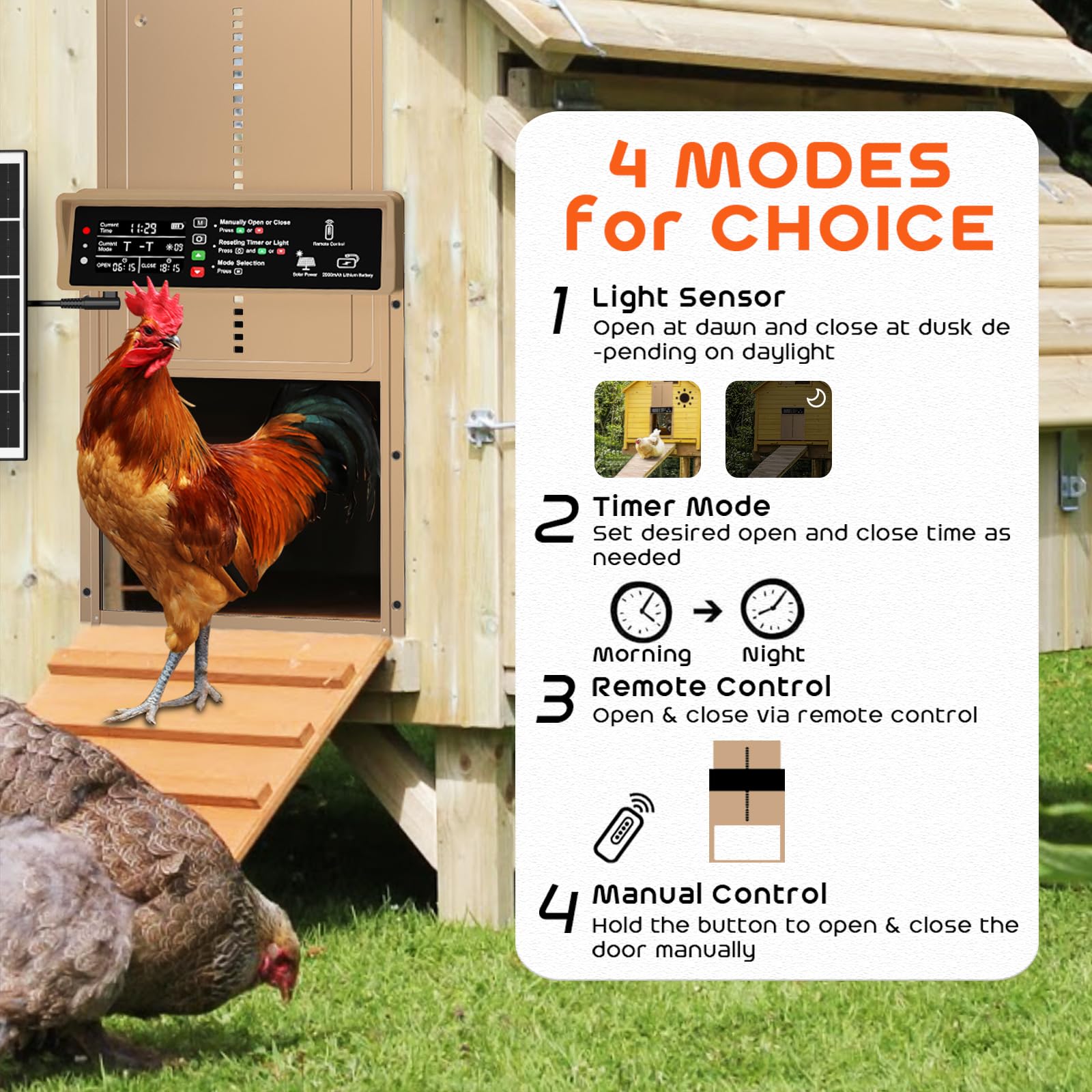 Asfrost Puerta automática de gallinero automática alimentada por energía solar con temporizador y sensor de luz, antipellizcos, puerta automática de aluminio duradero, carga con panel solar y USB,