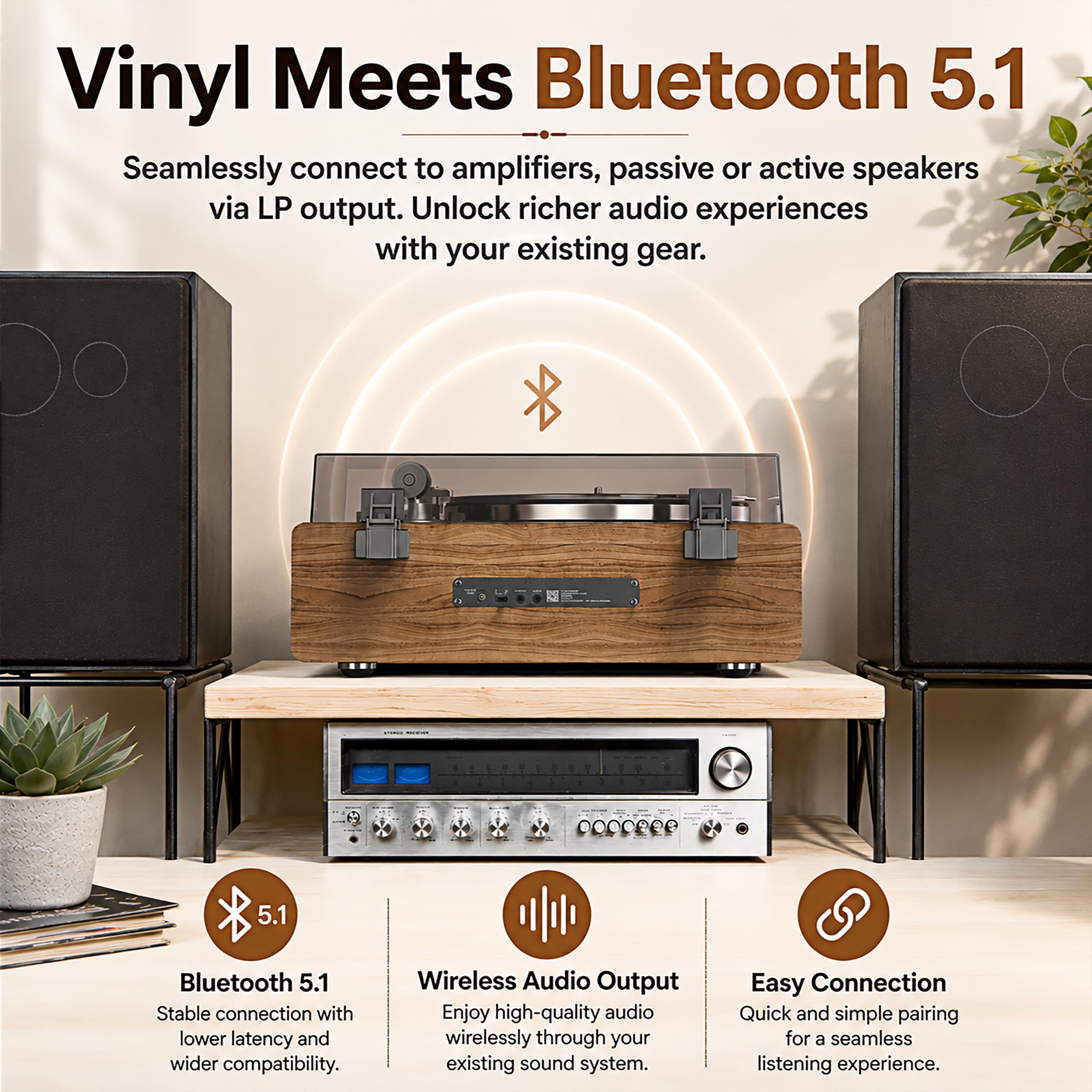 Bluetooth Plattenspieler mit Lautsprechern, Vintage Holz Plattenspieler für Schallplatten mit AT-3600L Kartusche, 33/45 RPM Vinyl Player mit eingebautem Vorverstärker, kabelloser