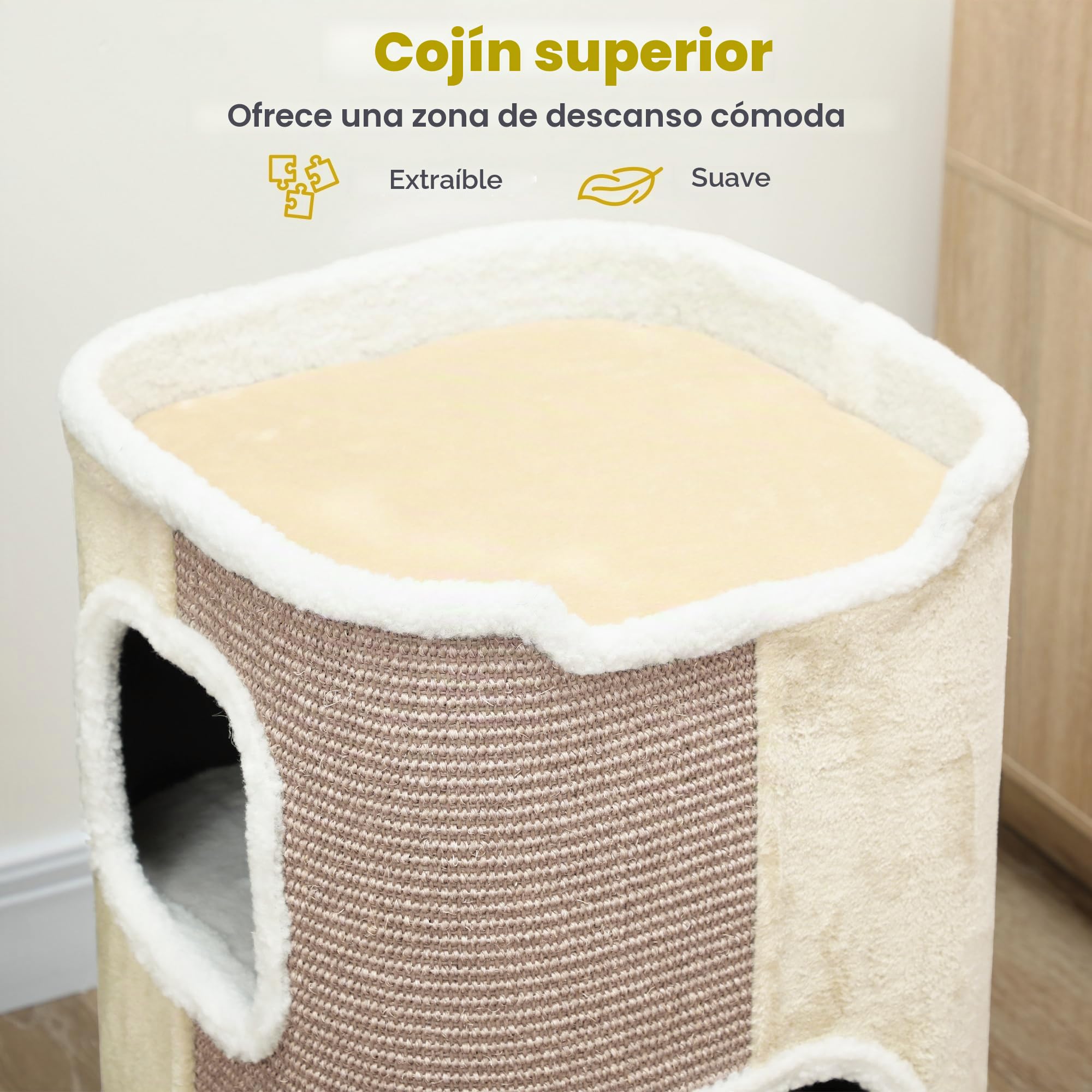 PawHut Rascador para Gatos Árbol de 3 Niveles para Gatos Trepador Aterciopelado y Sisal Beige+Blanco 40 x 40 x 74 cm
