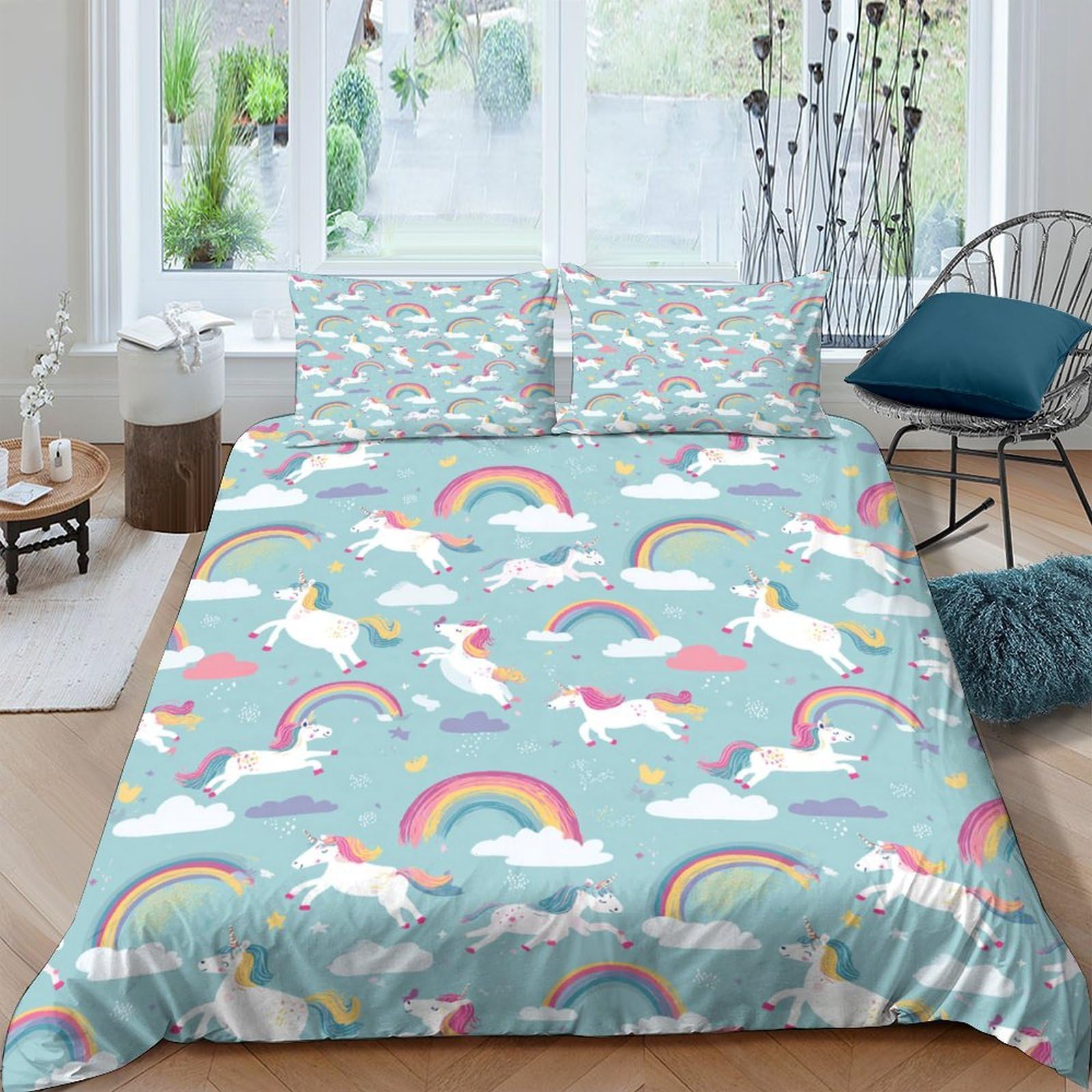 Ctjqhvkz Style-2 3D Printed Unicorn Rainbow Fitted Sheet Microfiber Blue Cloud Mattress Cover Anti-Slip Washable For Bedroom Dorm Home Decor Single（135X200cm）