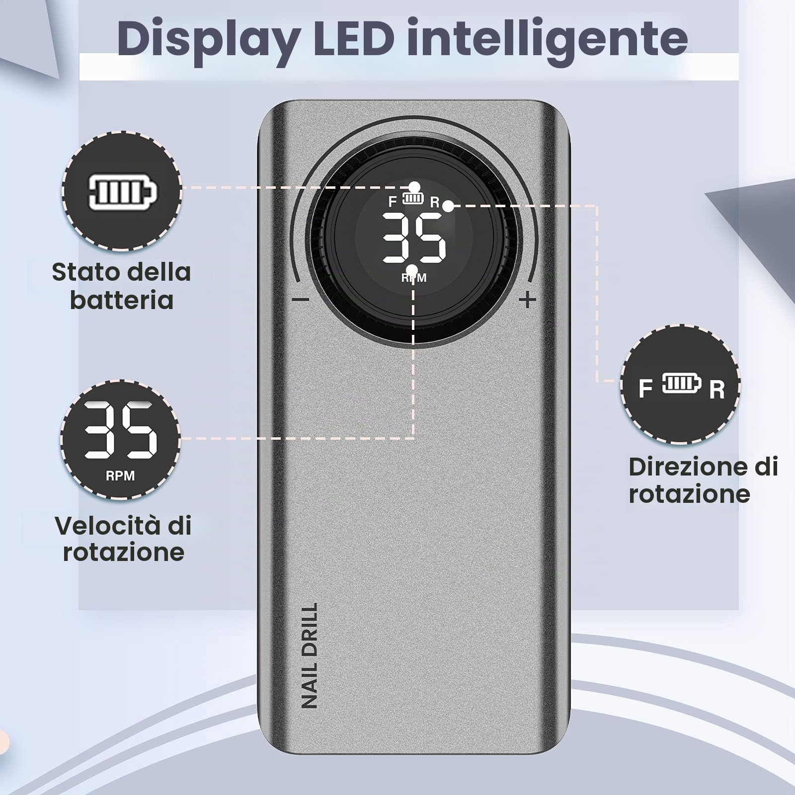 Delanie Fresa per Unghie Professionale 35000 Giri, Trapano Elettrico Ricaricabile per Unghie, Fresa Portatile per Unghie Semipermanente, Manicure e Pedicure, Adatta a Casa e Salone, Grigio