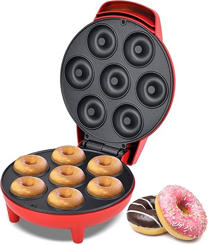 Courant Mini máquina para hacer donas para vacaciones, apta para niños, desayuno o aperitivos, postres y más con superficie antiadherente, hace 7