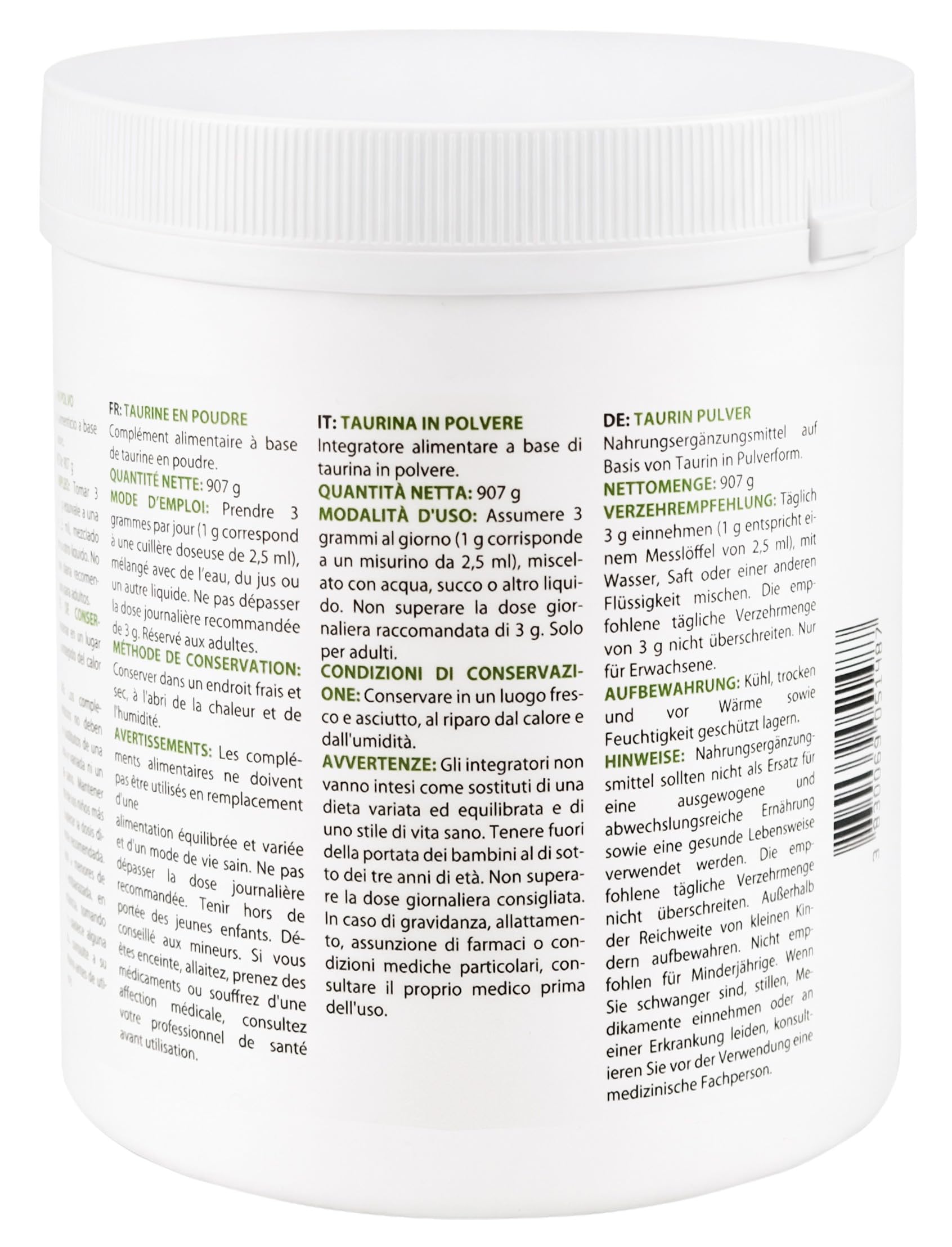 Taurina in Polvere | 907 g | Polvere Pura al 100% | Senza Aroma | Singolo Ingrediente | Senza Capsule | Integratore Alimentare |