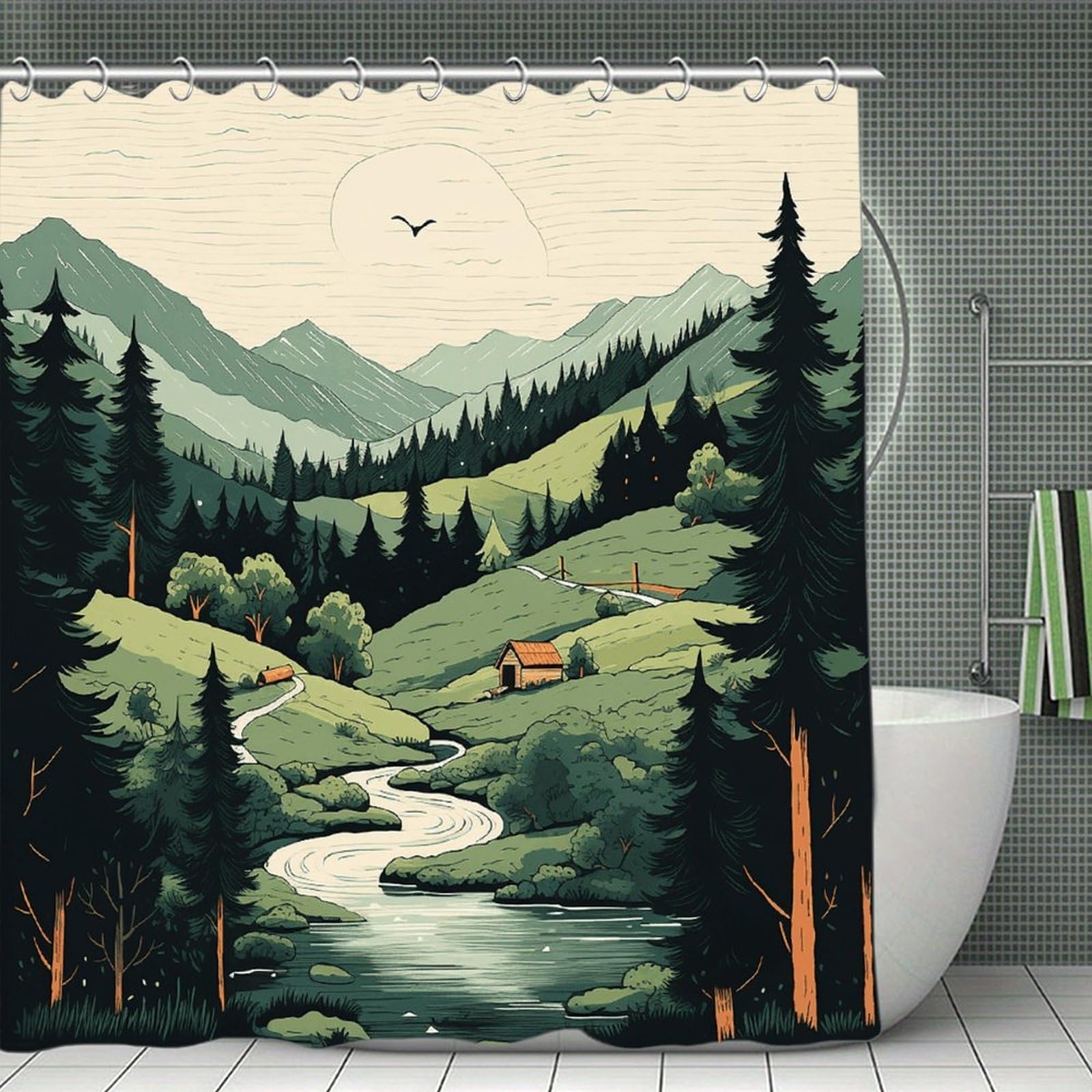 FekiLoot Outdoor Landscape Shower Curtain Minimalist Aesthetic Bath Curtain with Hooks Simple Water Resistant Bathroom Shower Curtains Cute Blackout Privacy Curtains Cloth Curtain