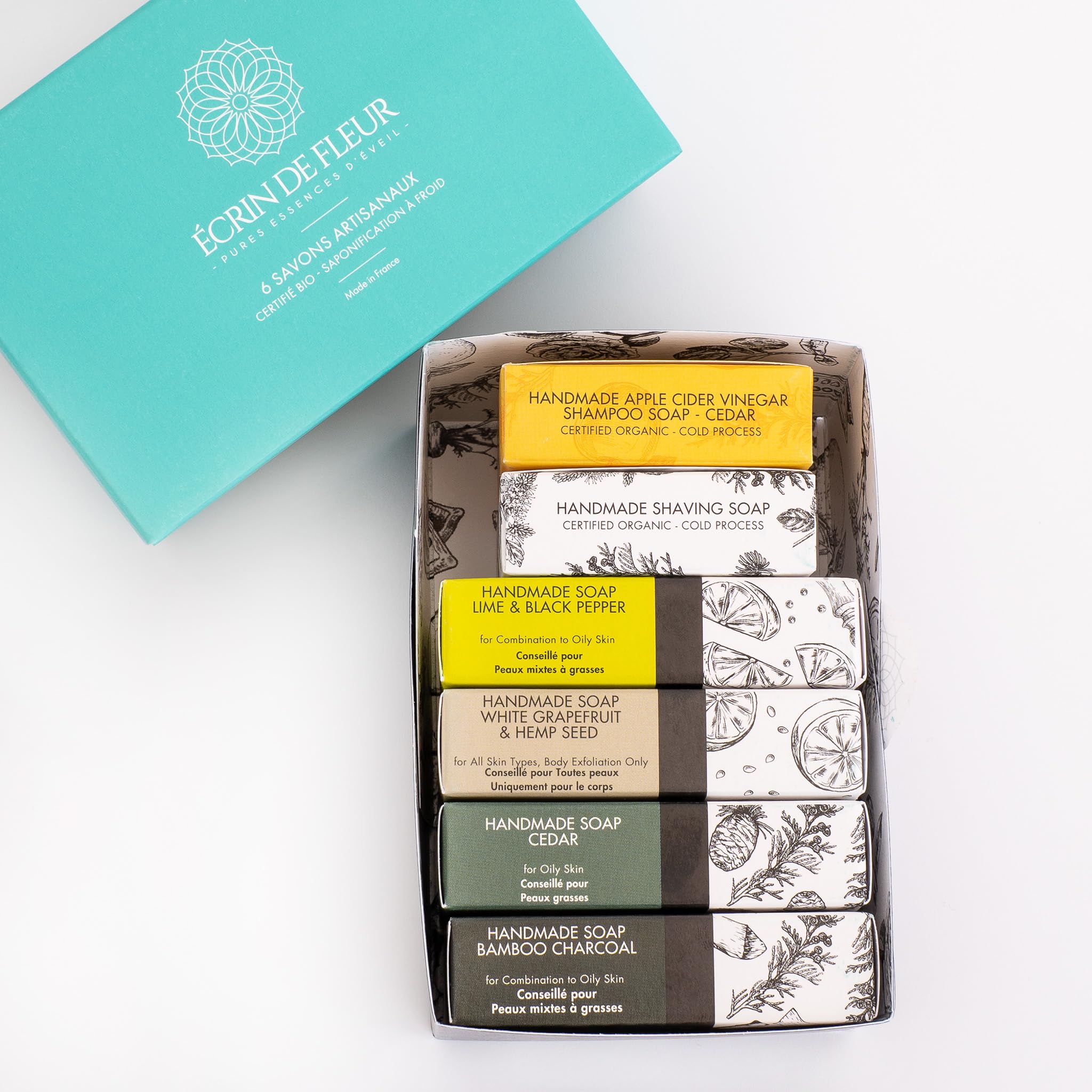 Set Regalo 6 Saponi e Shampoo Biologici Uomo, Artigianale Francia, Certificato COSMOS & Nature et Progrès, Cedro, Carbone & Pompelmo, 470g