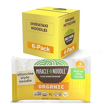 Miracle Noodle Organic Fettuccine Pasta, 7 Oz Pack of 6, Plant Based Shirataki Konjac Noodles, 5 Calories, 1g Net Carbs Per Serving, Keto, Gluten-Free