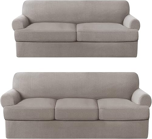 Paquete de fundas para sofá con cojín en forma de T de 34 piezas, protector de muebles, patrón a cuadros, extraíbles y lavables, color gris pardo