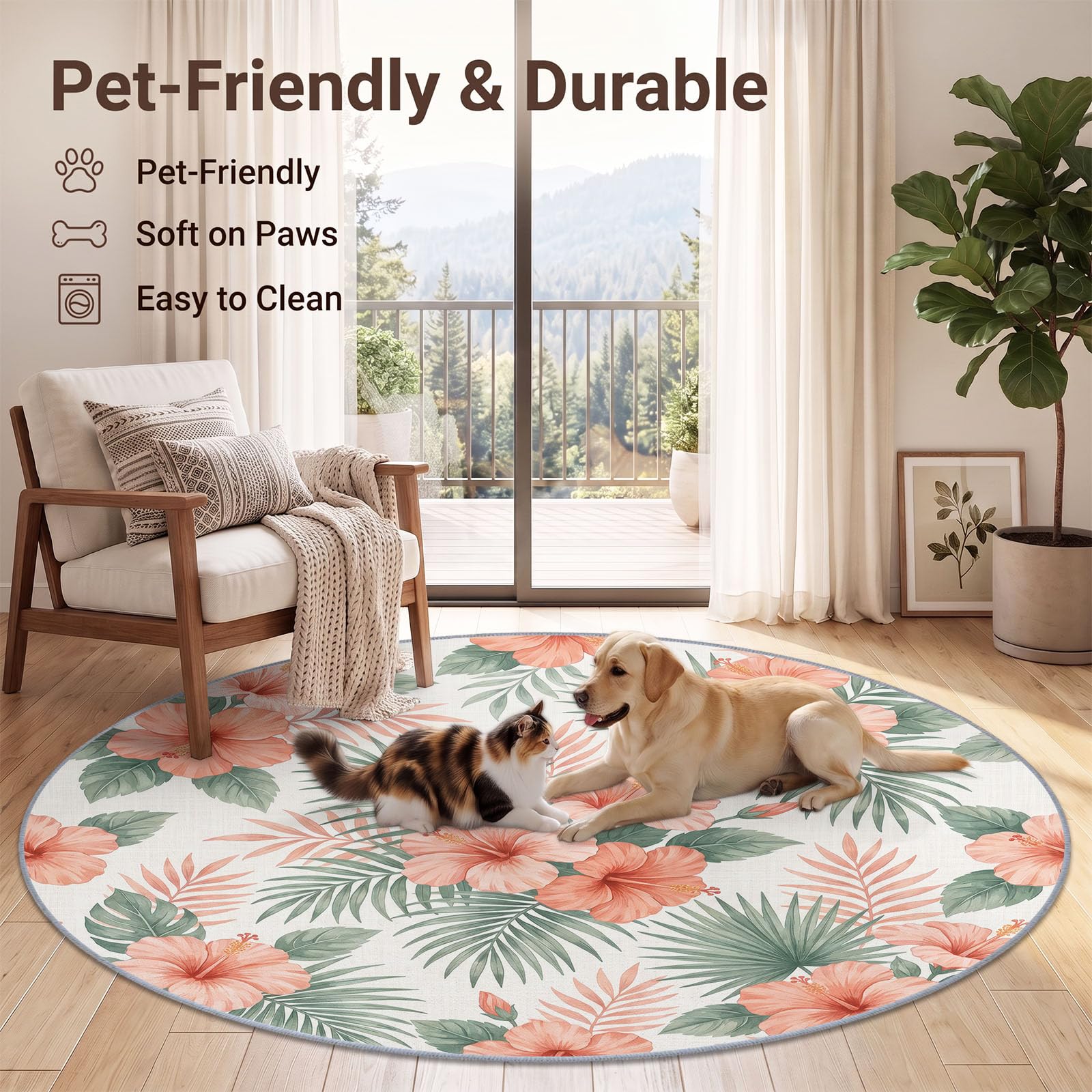 Alfombra redonda de pelo bajo con diseño de selva tropical, 160 cm, para