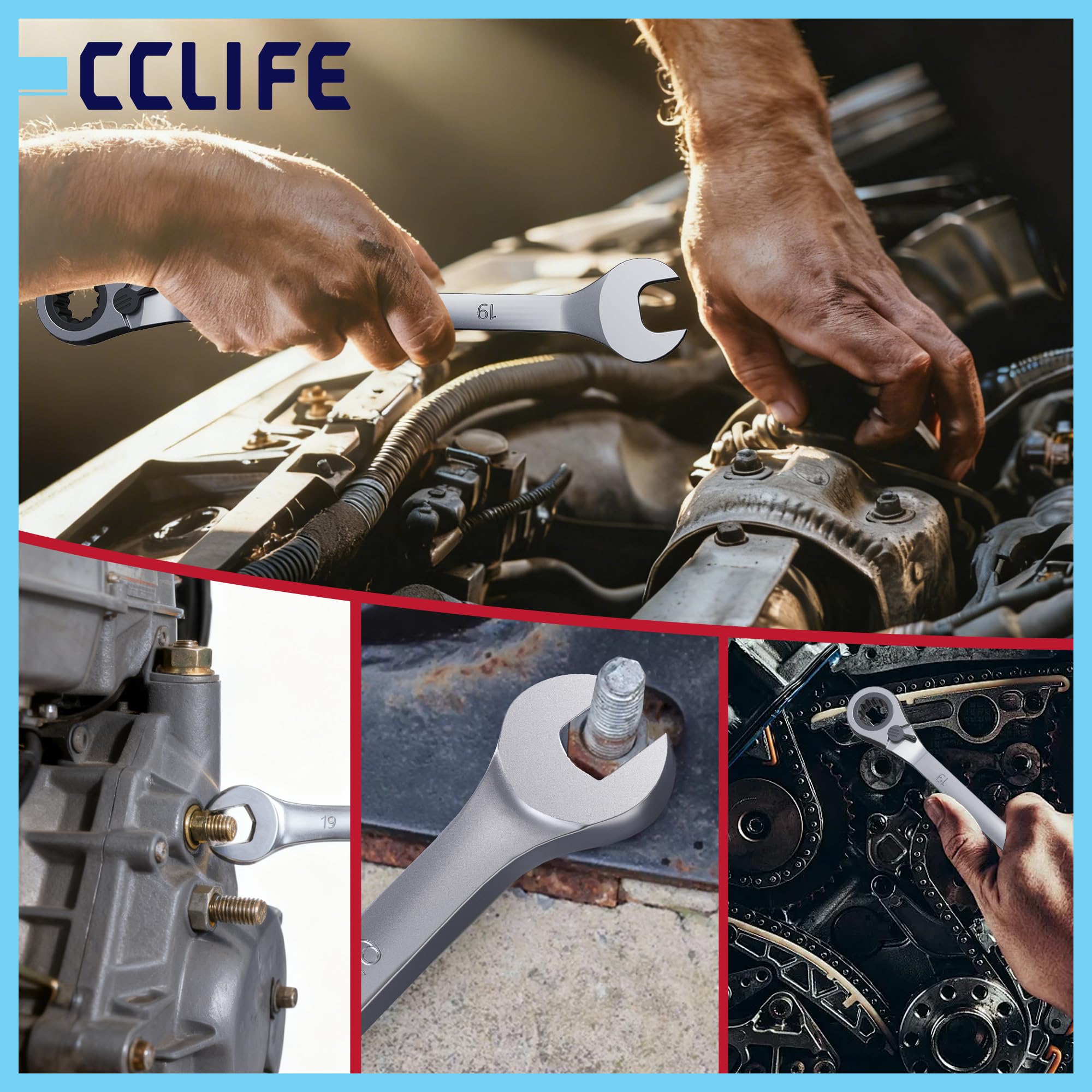 CCLIFE Lot de 14 clés à cliquet réversible 6-22 mm 72 dents CrV avec sac | Fonction de commutation, cliquet et clé mixte 2 en 1 en Cr-V, mécanisme à 72 dents avec sac pour voiture et atelier