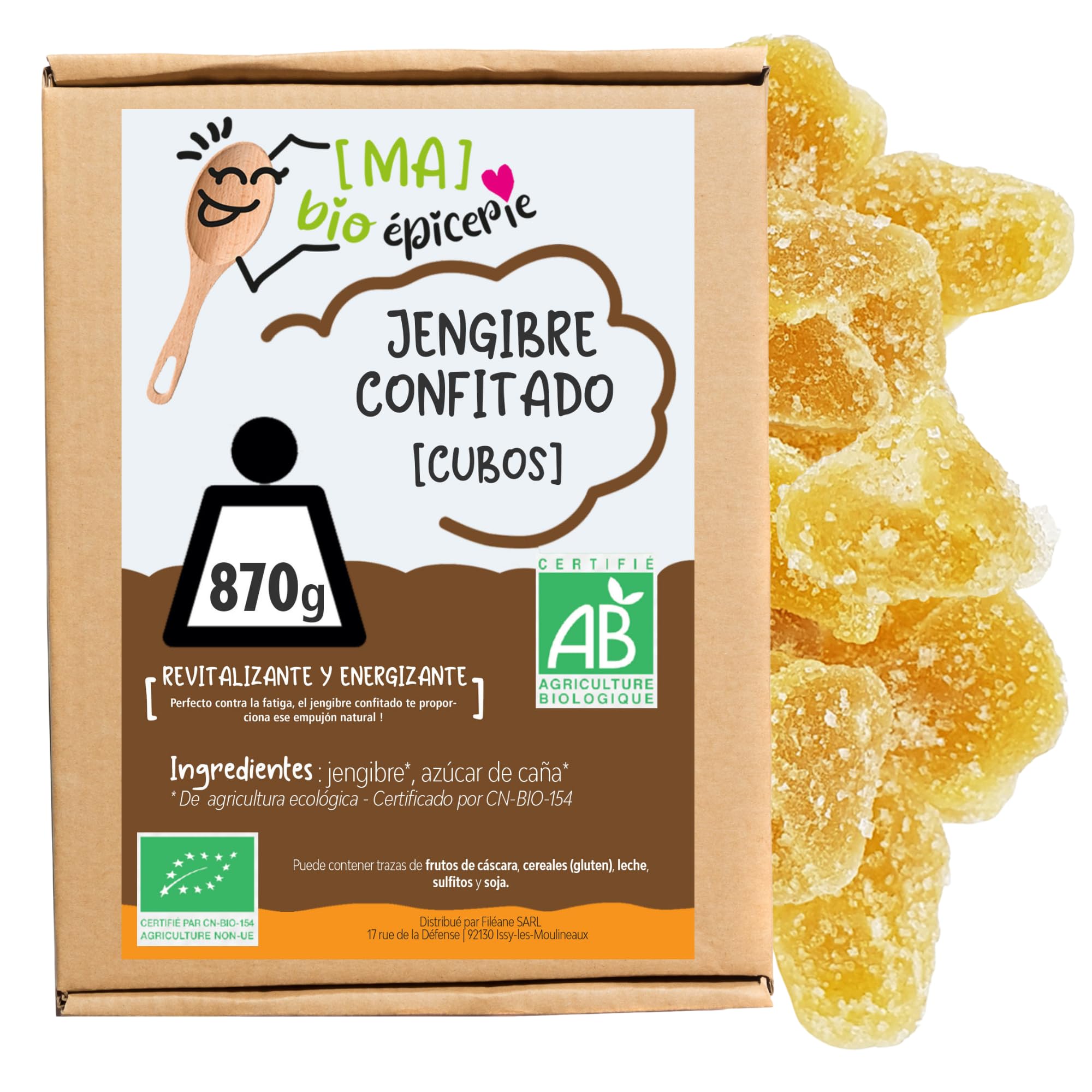 [MA] bio-épicerie | Jengibre confitado BIO en cubitos | 870G | Suelto en confección | Certificado ecológico | Fruta confitada